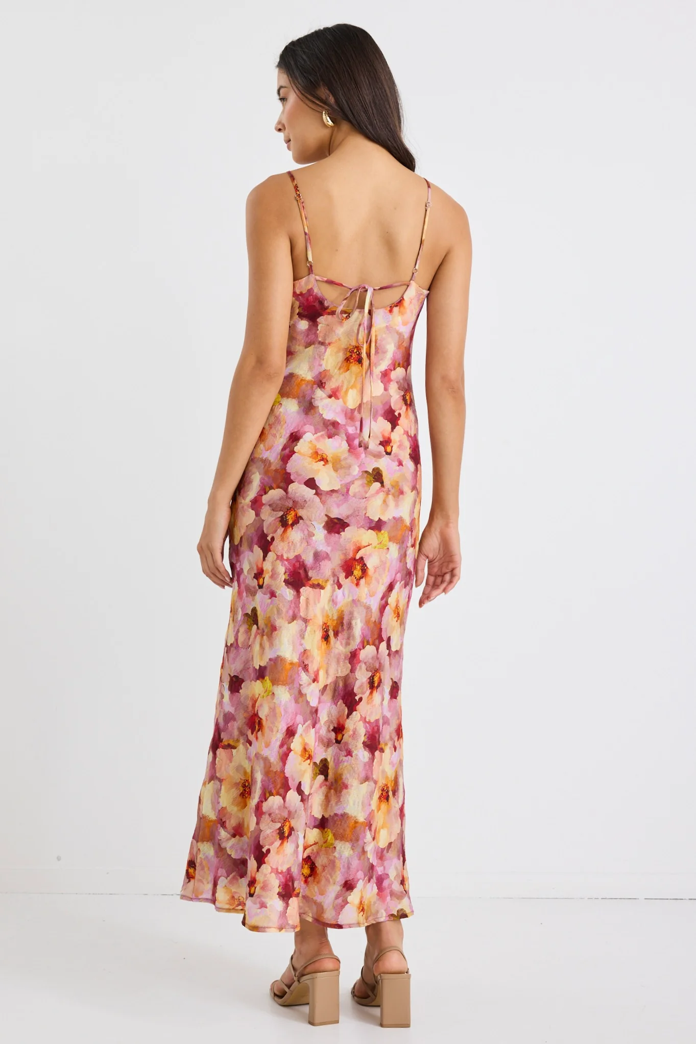 Lavish Pink Multi Floral Tie Back Bias Slip Dress - Image 4