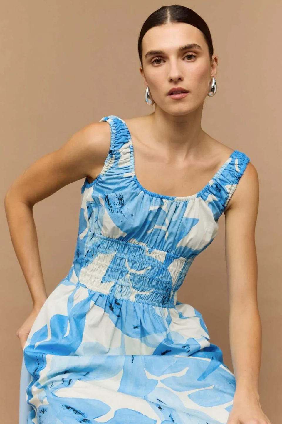 Leilani Blue Leaf Shirred Waist Sleeveless Midi Dress