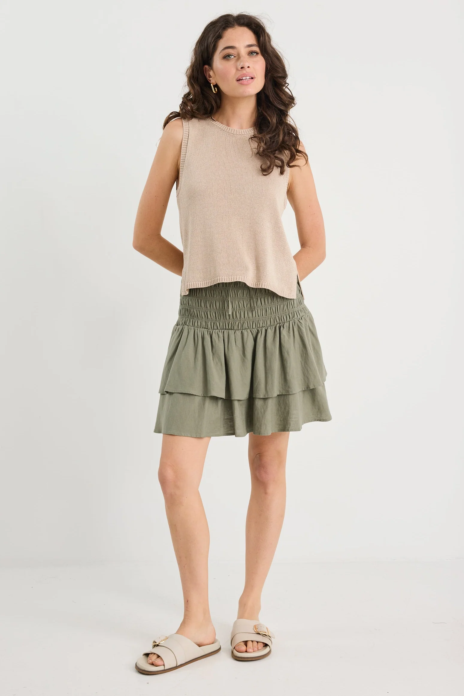 Lennox Khaki Shirred Linen Blend Tiered Mini Skirt