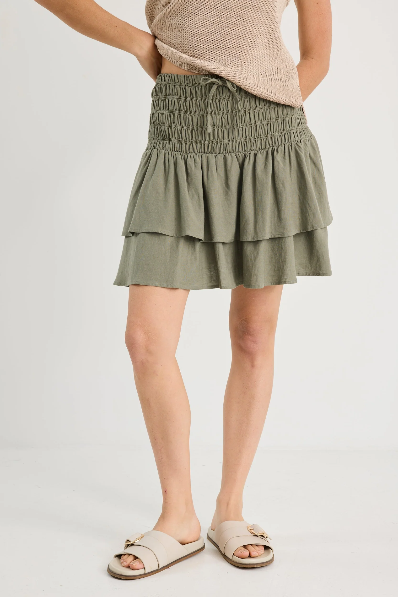 Lennox Khaki Shirred Linen Blend Tiered Mini Skirt - Image 3