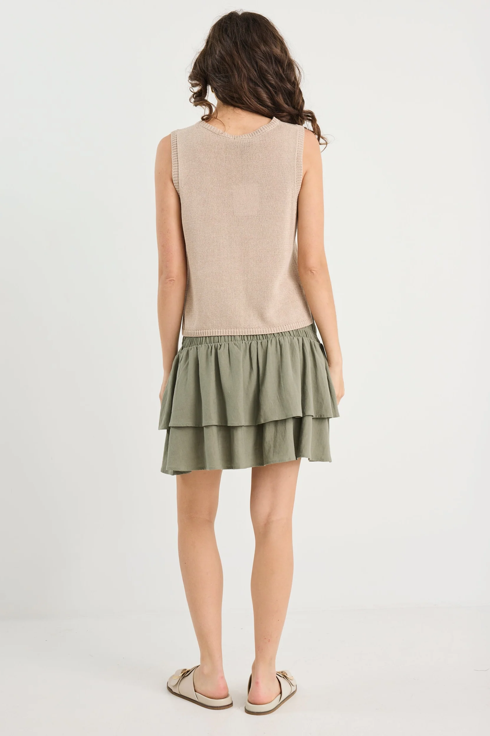 Lennox Khaki Shirred Linen Blend Tiered Mini Skirt - Image 5
