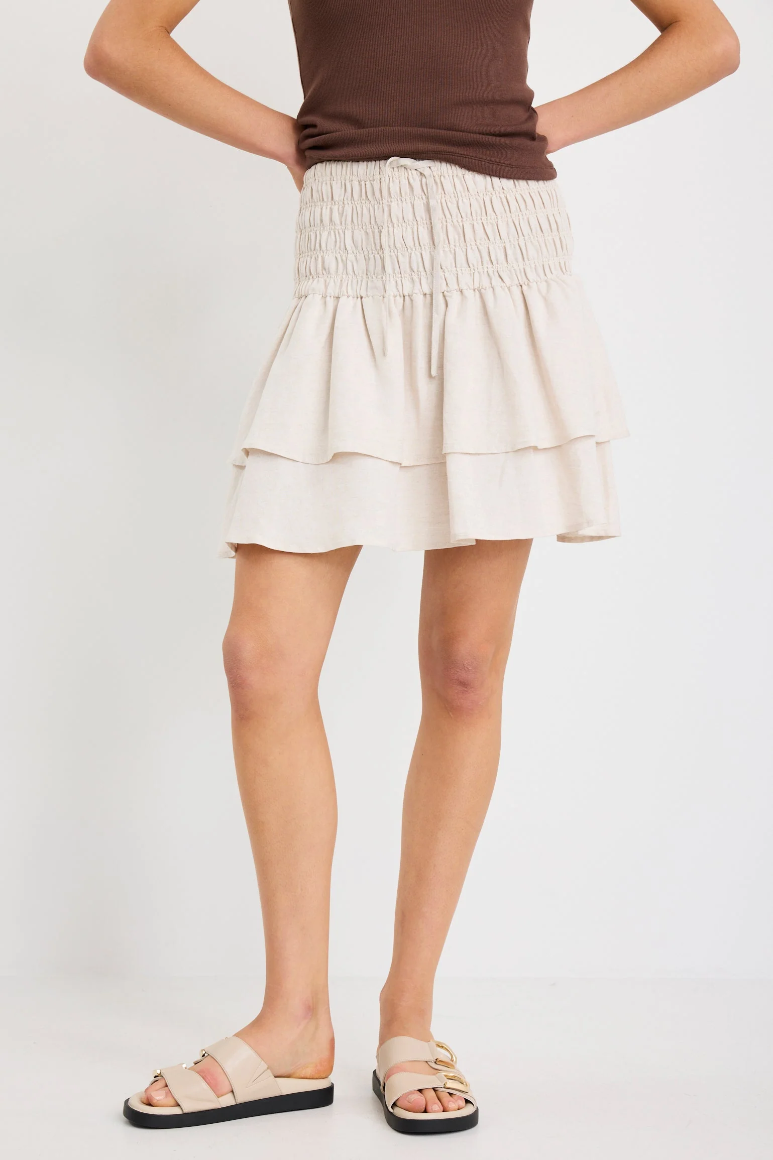 Lennox Natural Shirred Linen Blend Tiered Mini Skirt - Image 2