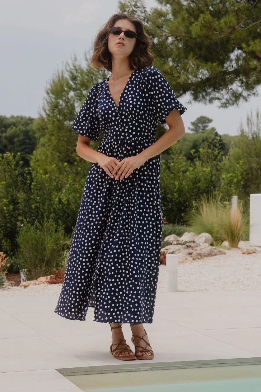 Lisbon Navy Polka Dot Puff Sleeve Midi Dress