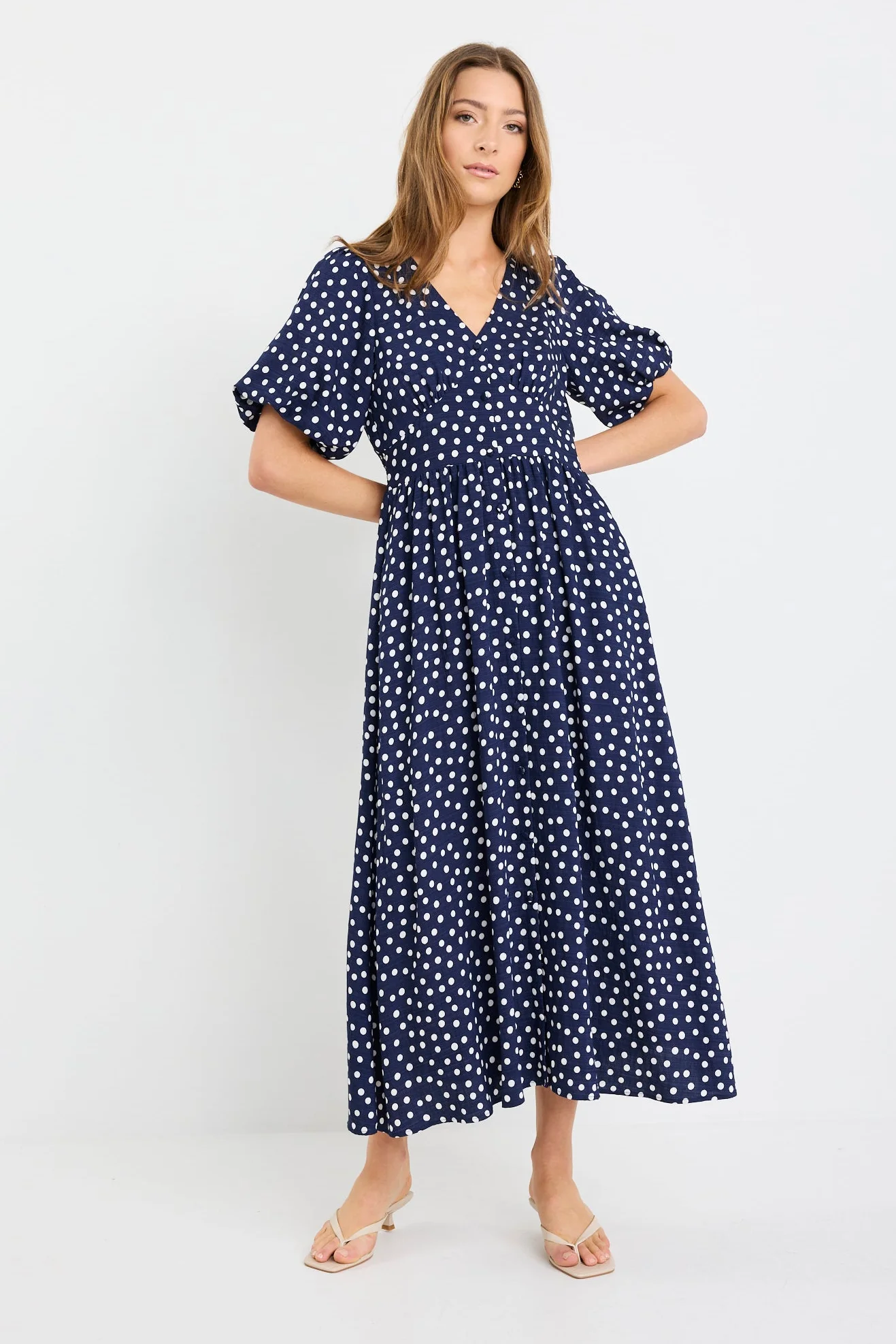 Lisbon Navy Polka Dot Puff Sleeve Midi Dress - Image 2