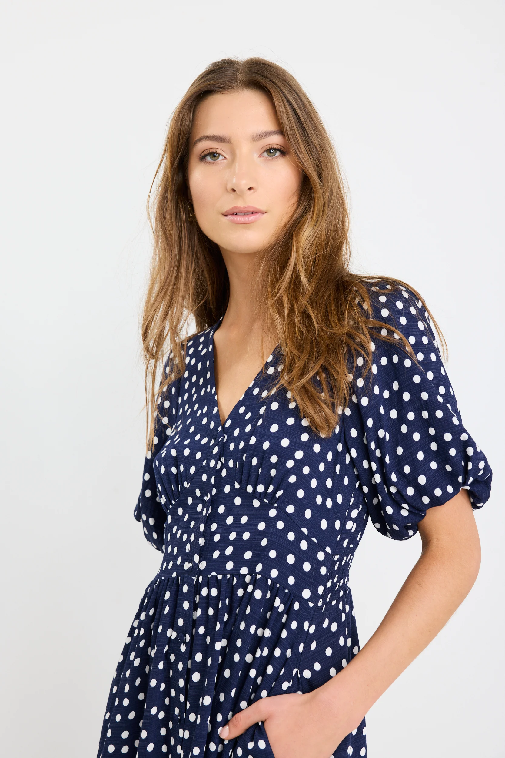 Lisbon Navy Polka Dot Puff Sleeve Midi Dress - Image 4