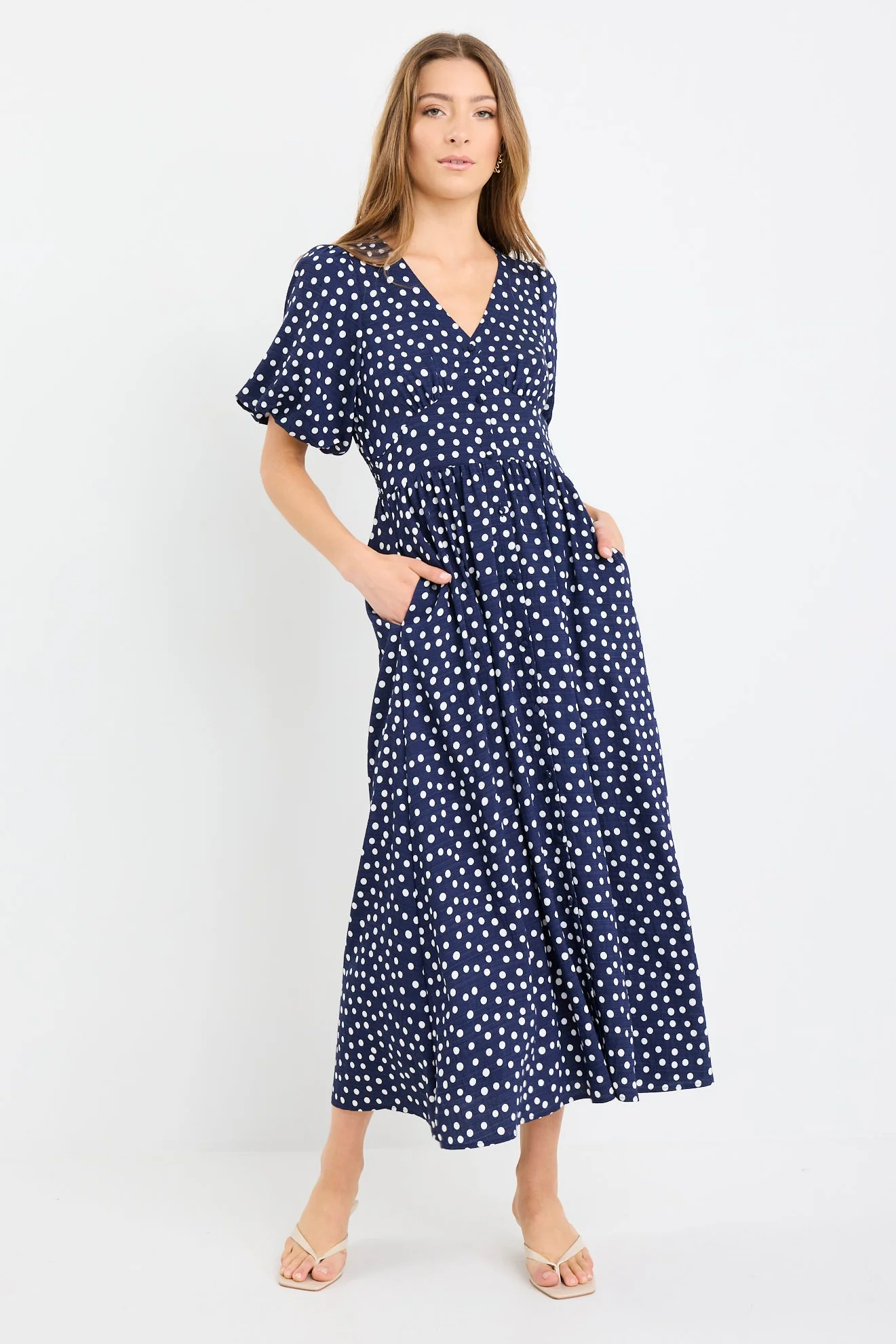 Lisbon Navy Polka Dot Puff Sleeve Midi Dress - Image 5