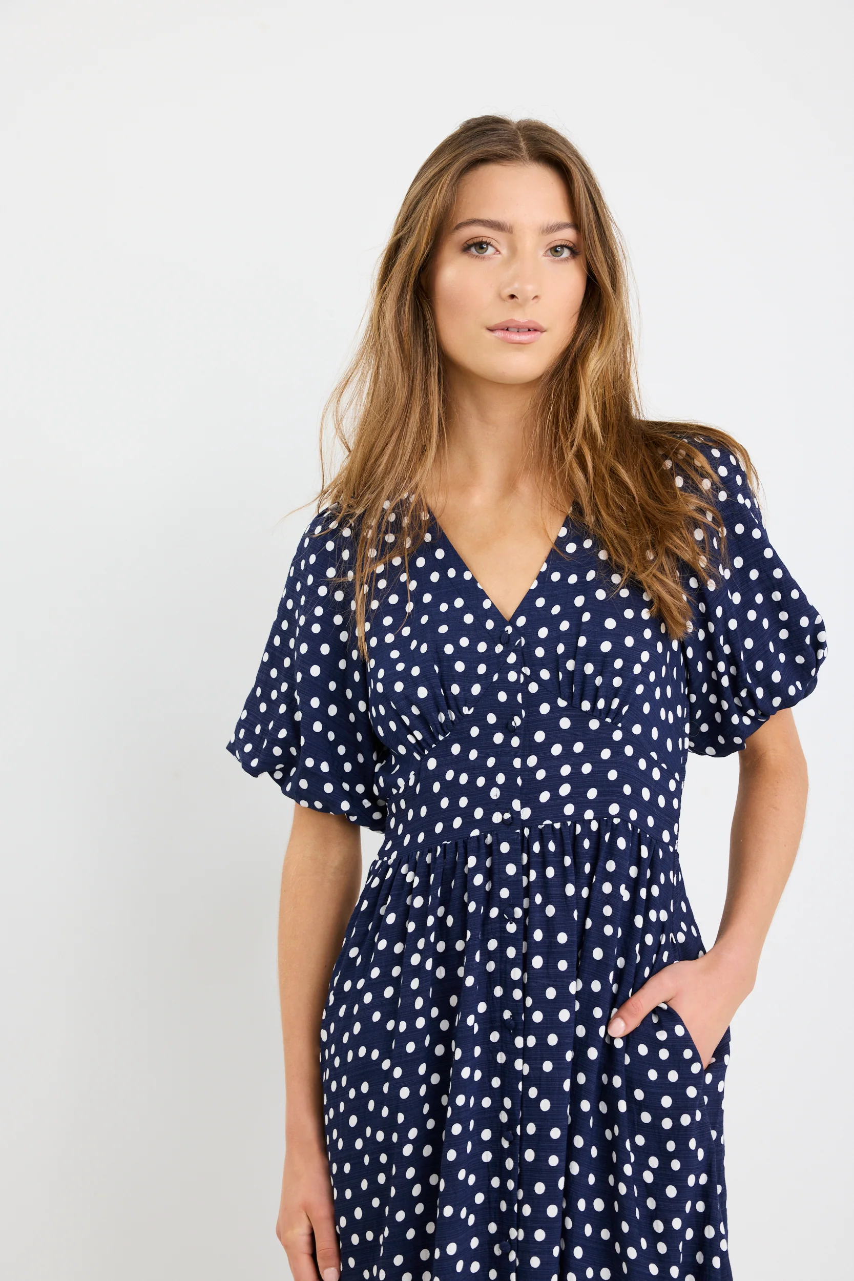 Lisbon Navy Polka Dot Puff Sleeve Midi Dress - Image 6