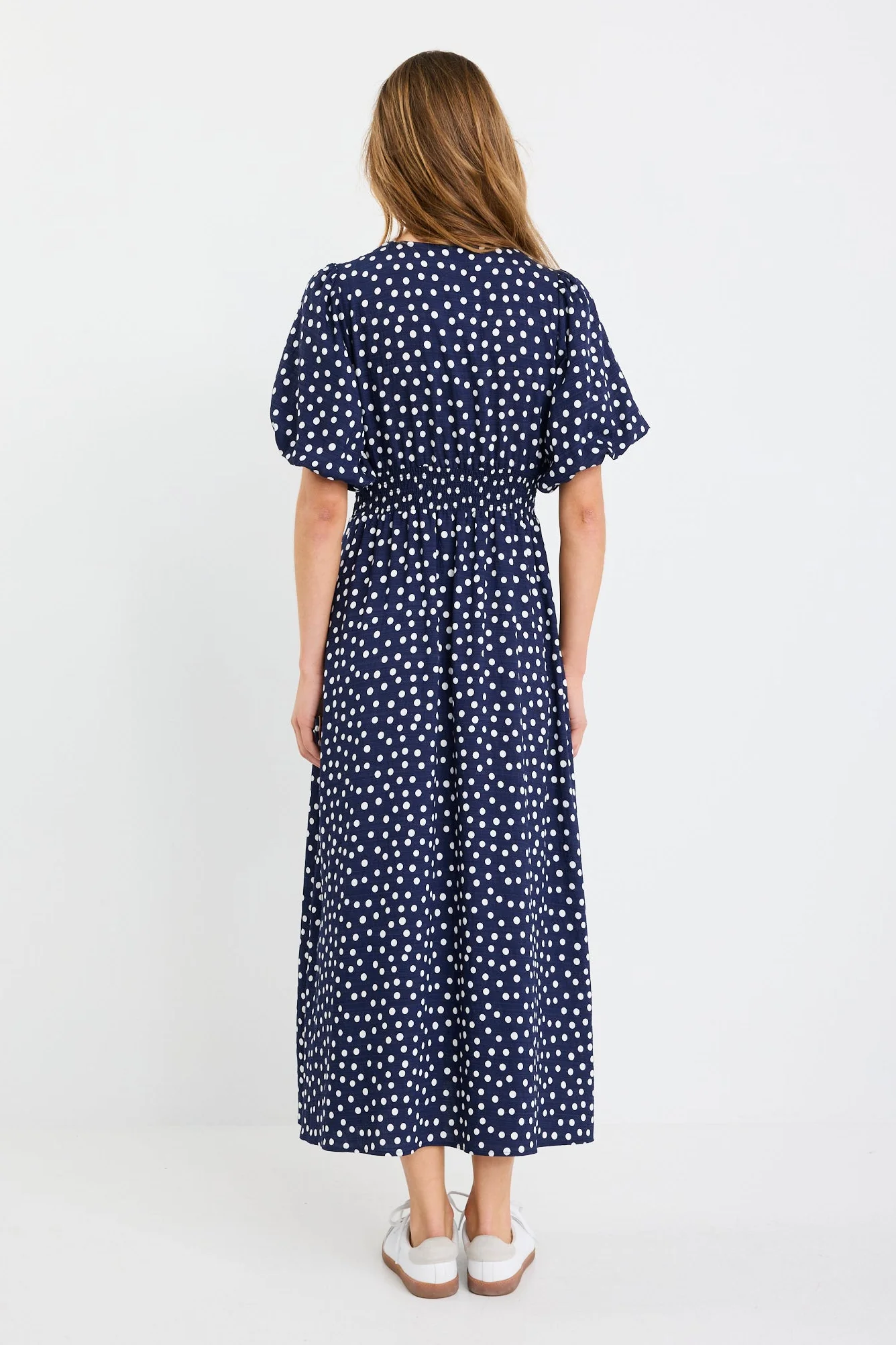 Lisbon Navy Polka Dot Puff Sleeve Midi Dress - Image 7