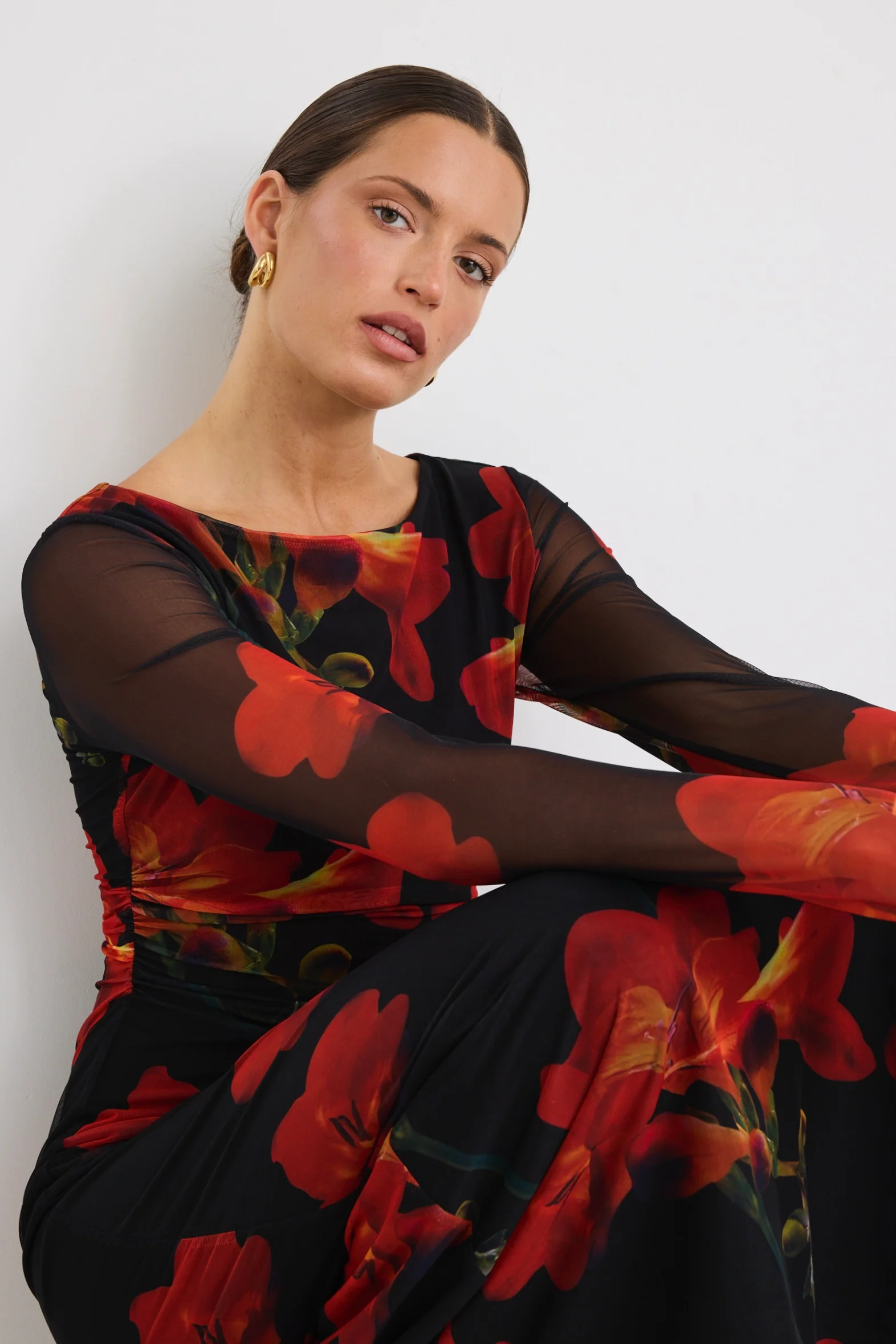 Location Red Floral Mesh LS Wide Neck Midi Dress - Image 2