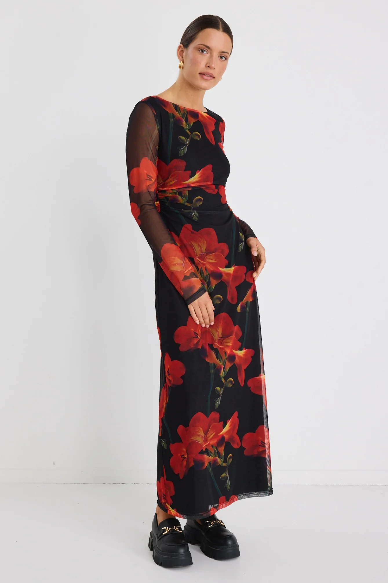 Location Red Floral Mesh LS Wide Neck Midi Dress - Image 3