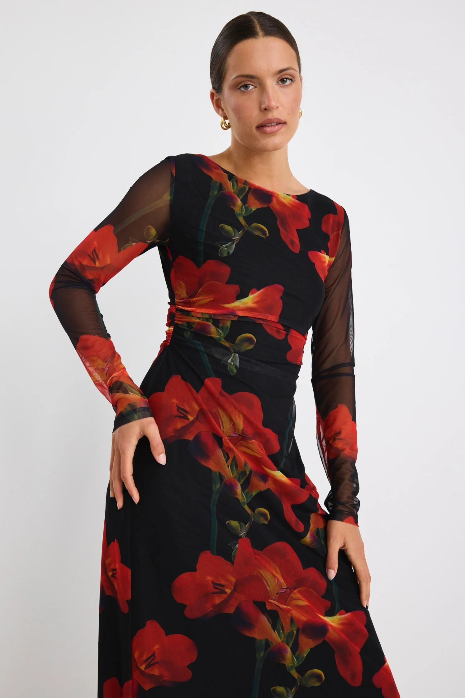 Location Red Floral Mesh LS Wide Neck Midi Dress - Image 4
