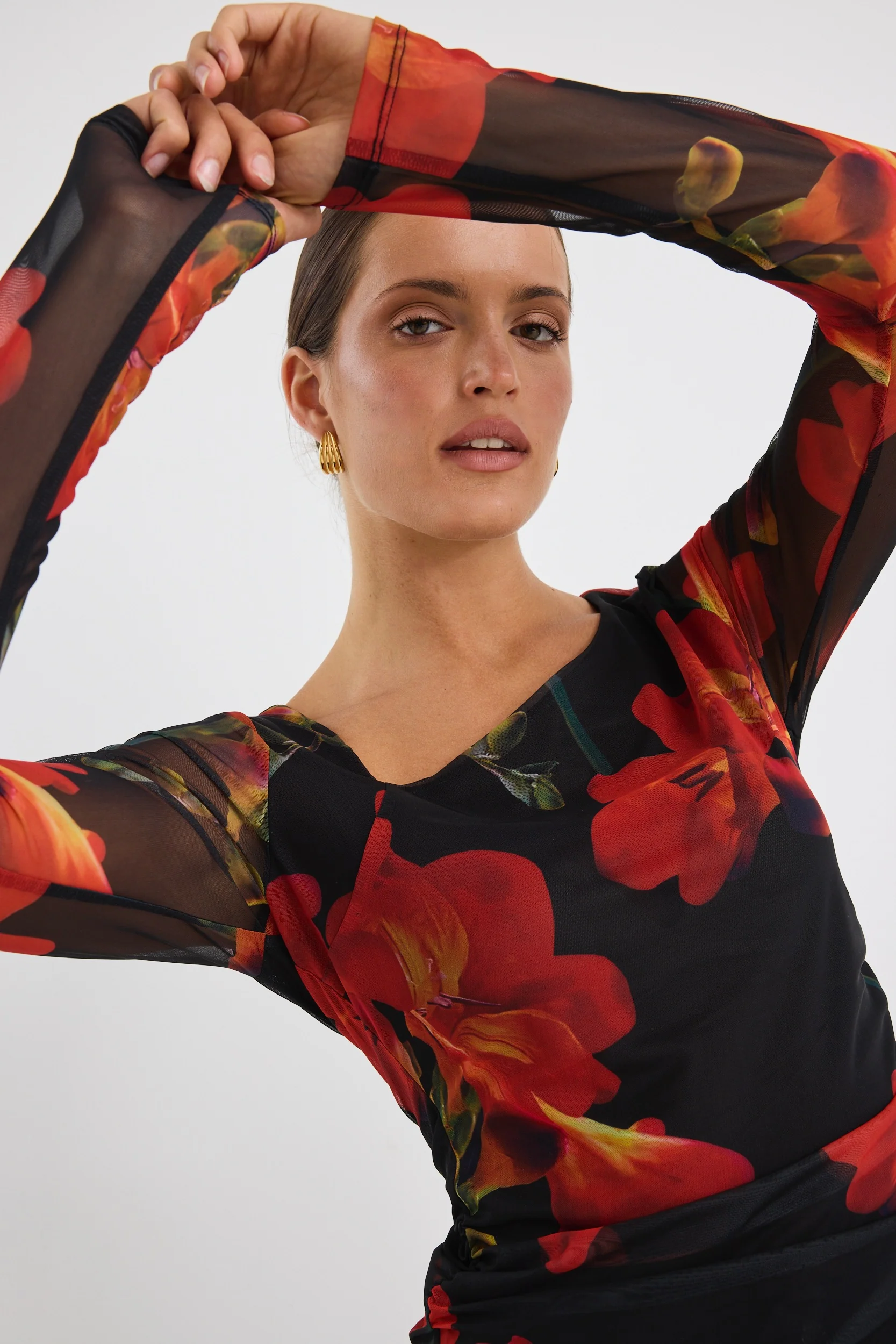 Location Red Floral Mesh LS Wide Neck Midi Dress - Image 5