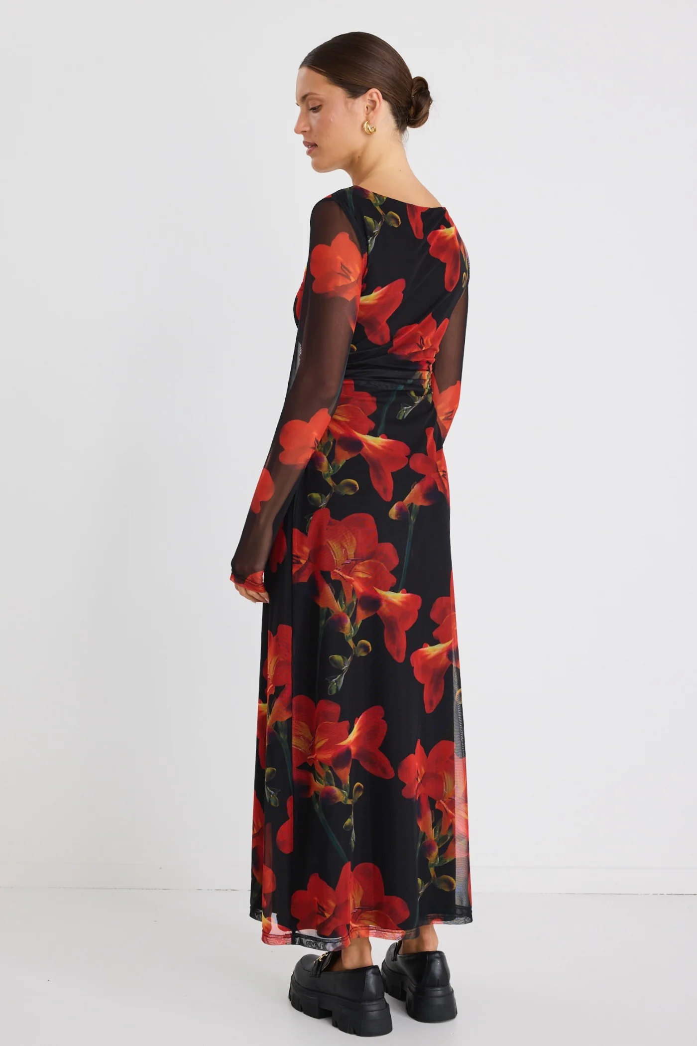 Location Red Floral Mesh LS Wide Neck Midi Dress - Image 6