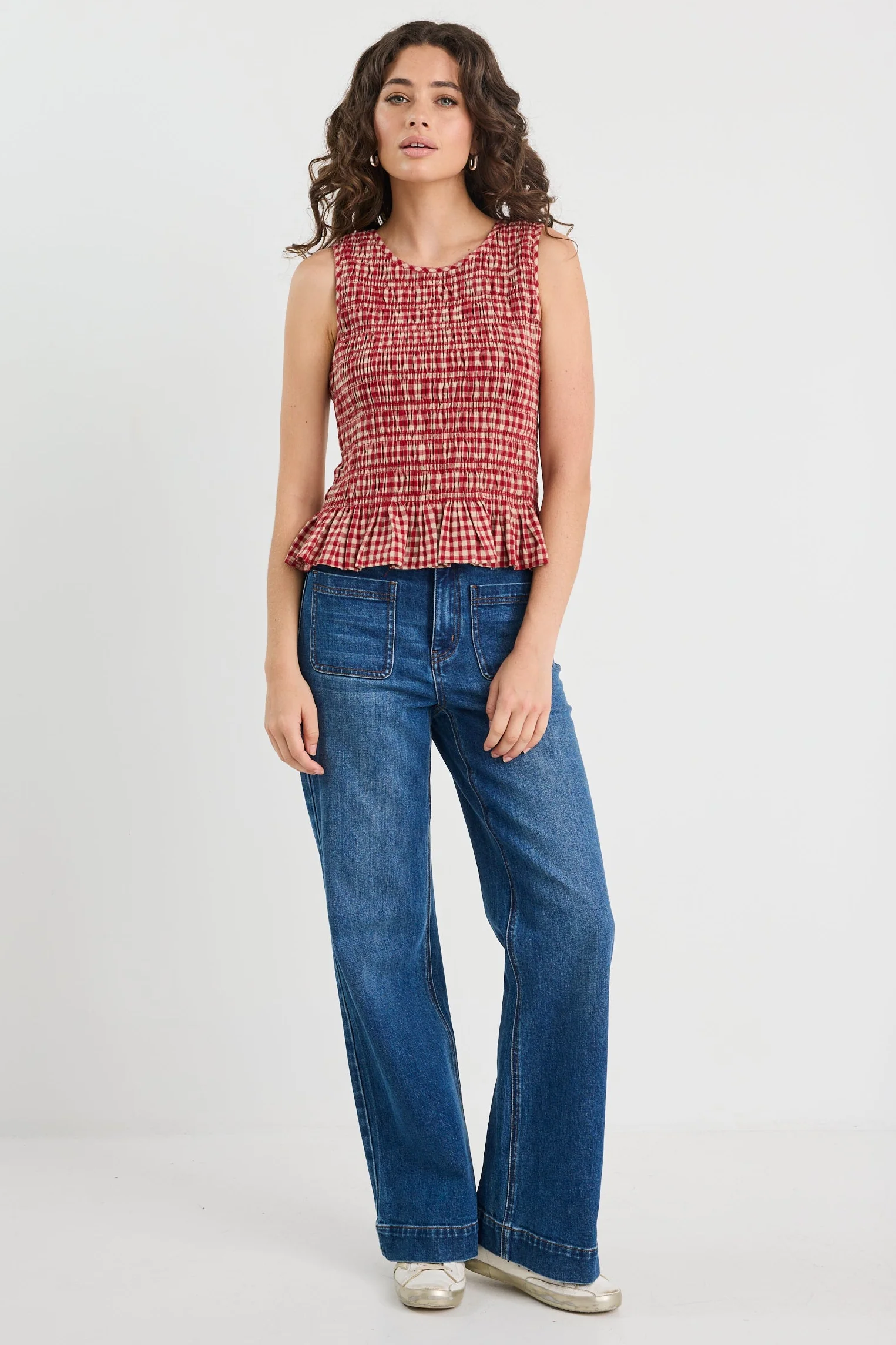 Lonely Red Cream Gingham Shirred Shell Top - Image 2