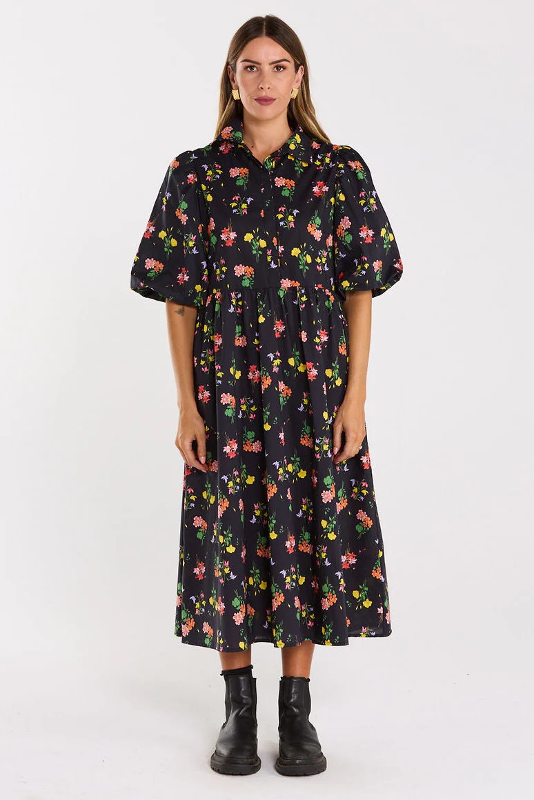 Lucina Vivid Noir Floral Puff Sleeve Midi Dress - Image 3
