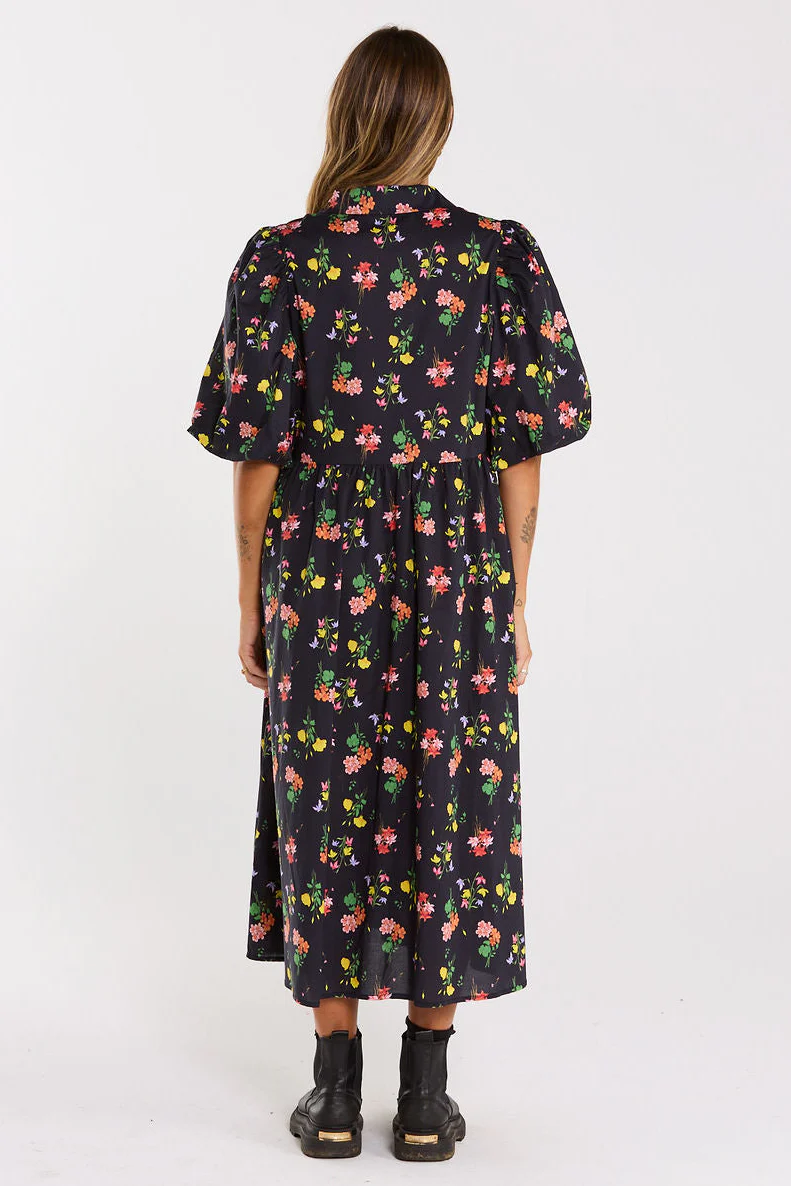 Lucina Vivid Noir Floral Puff Sleeve Midi Dress - Image 4
