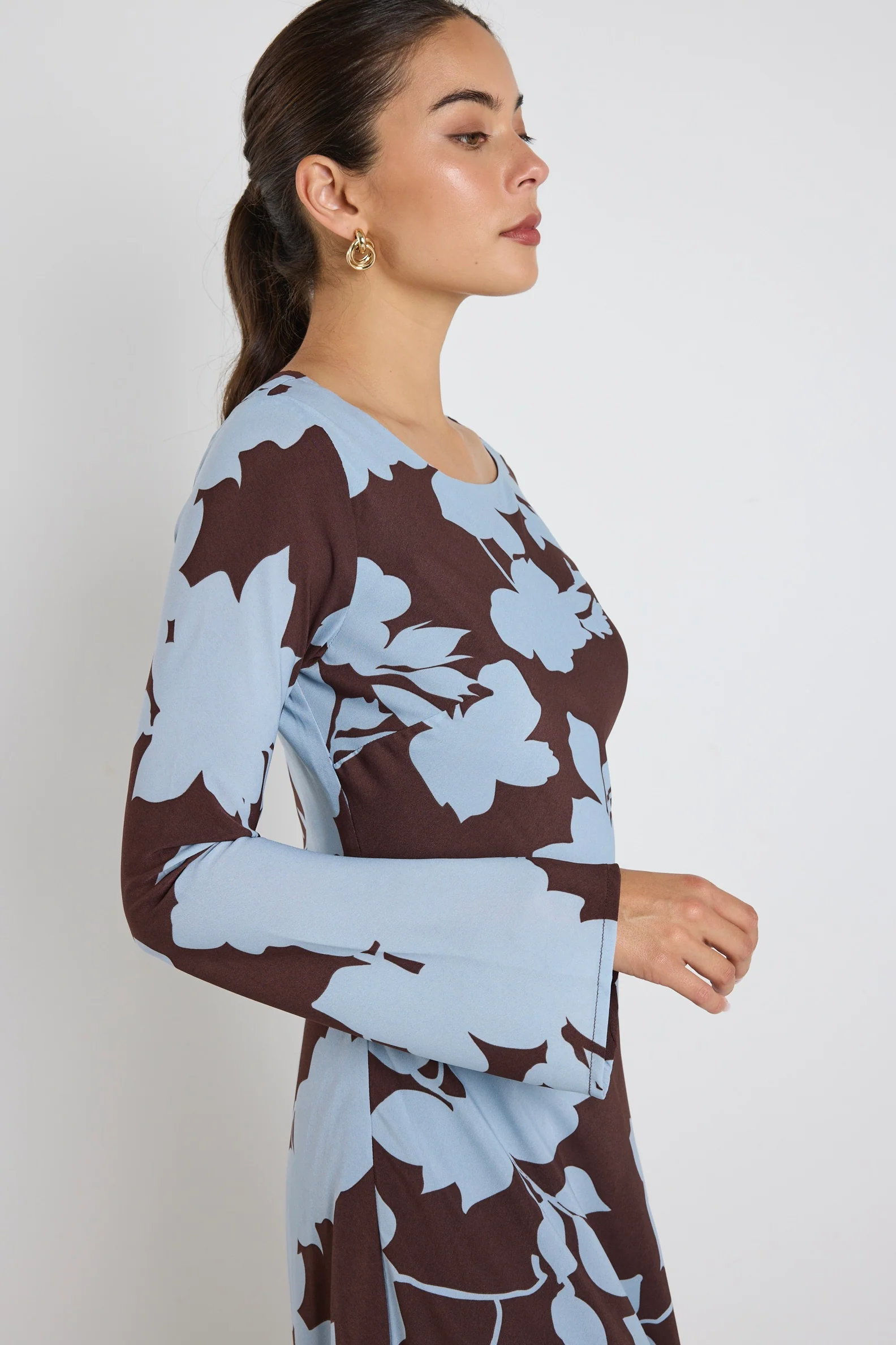Luminous Brown Blue Floral Fluted Sleeve Bias Maxi Dress - Image 3
