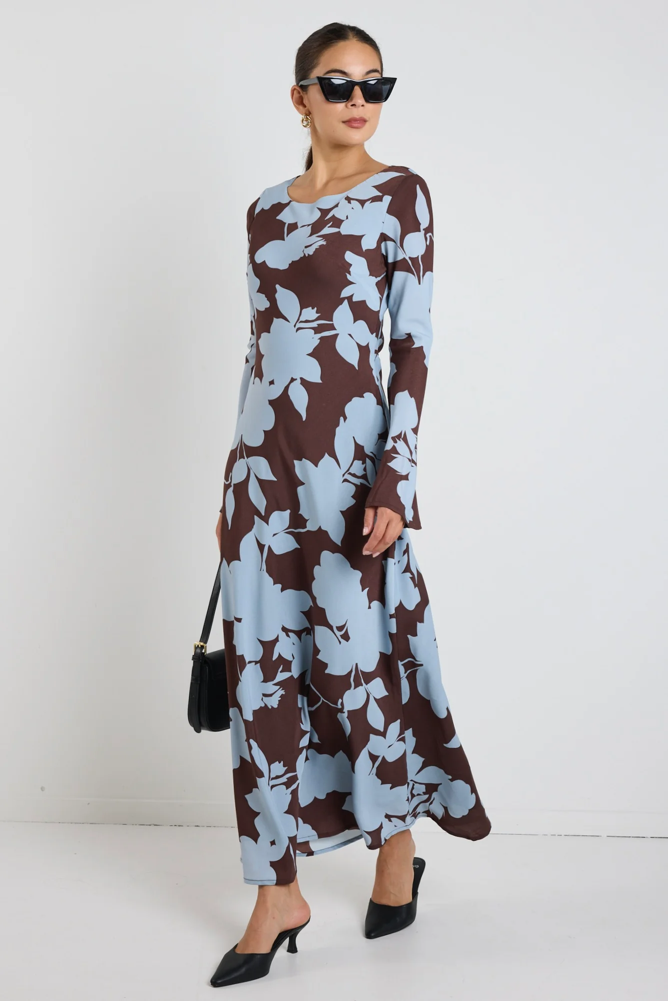 Luminous Brown Blue Floral Fluted Sleeve Bias Maxi Dress - Image 4