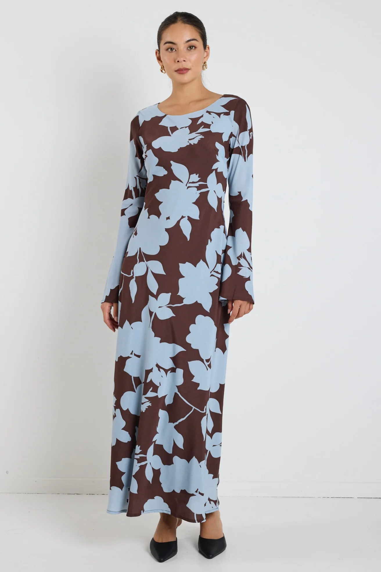 Luminous Brown Blue Floral Fluted Sleeve Bias Maxi Dress - Image 5