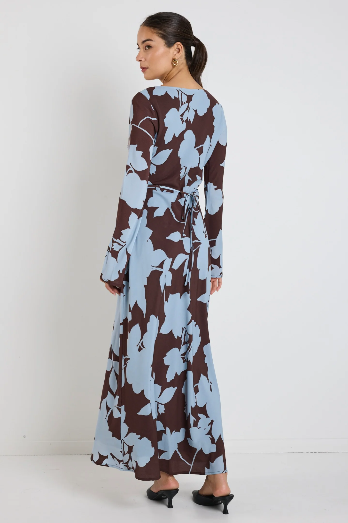 Luminous Brown Blue Floral Fluted Sleeve Bias Maxi Dress - Image 6