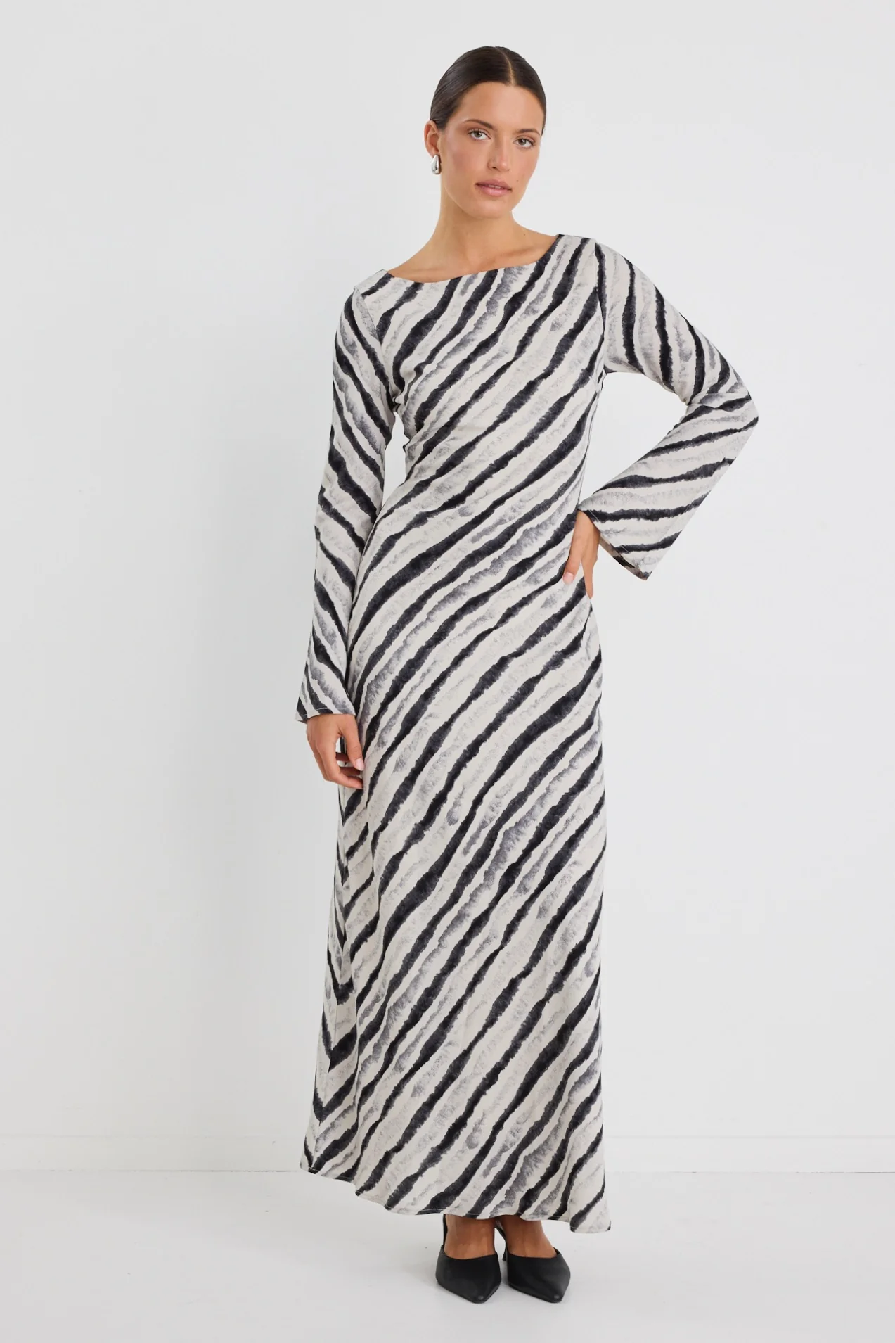 Luminous Charcoal Irregular Stripe Fluted Sleeve Bias Maxi Dress - Image 2