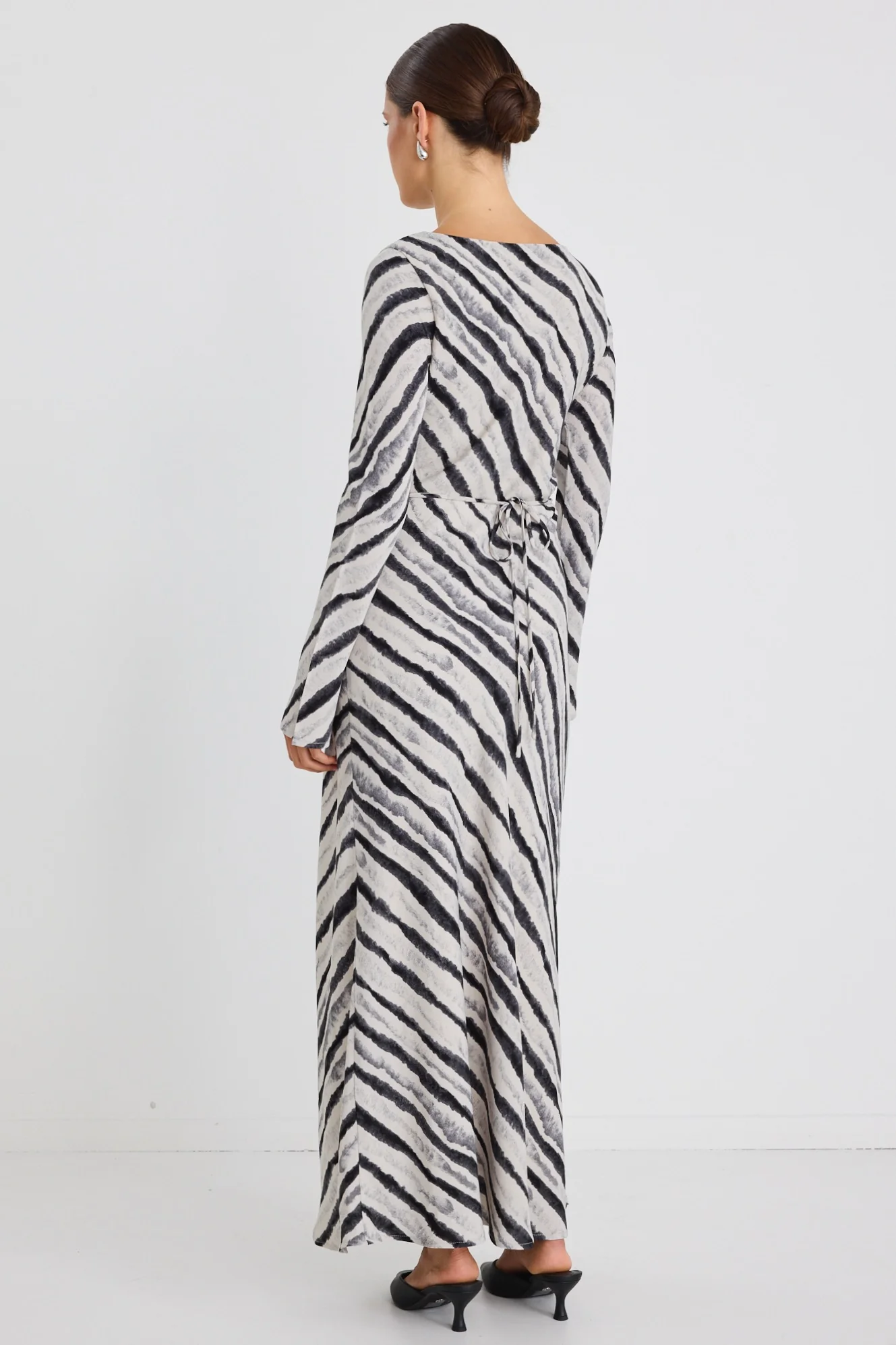 Luminous Charcoal Irregular Stripe Fluted Sleeve Bias Maxi Dress - Image 6