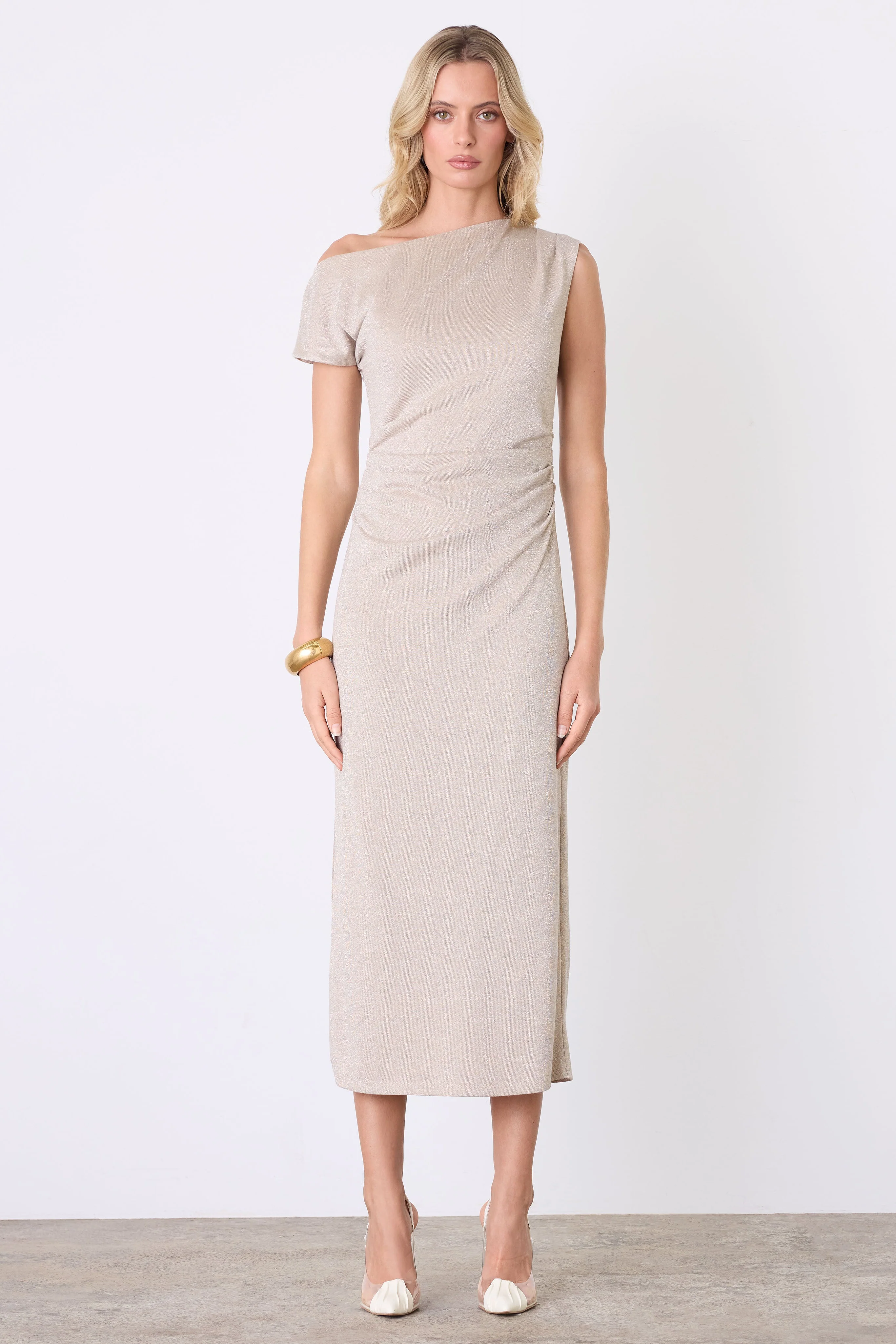 Lunar Gold Metallic Off Shoulder Midi Dress
