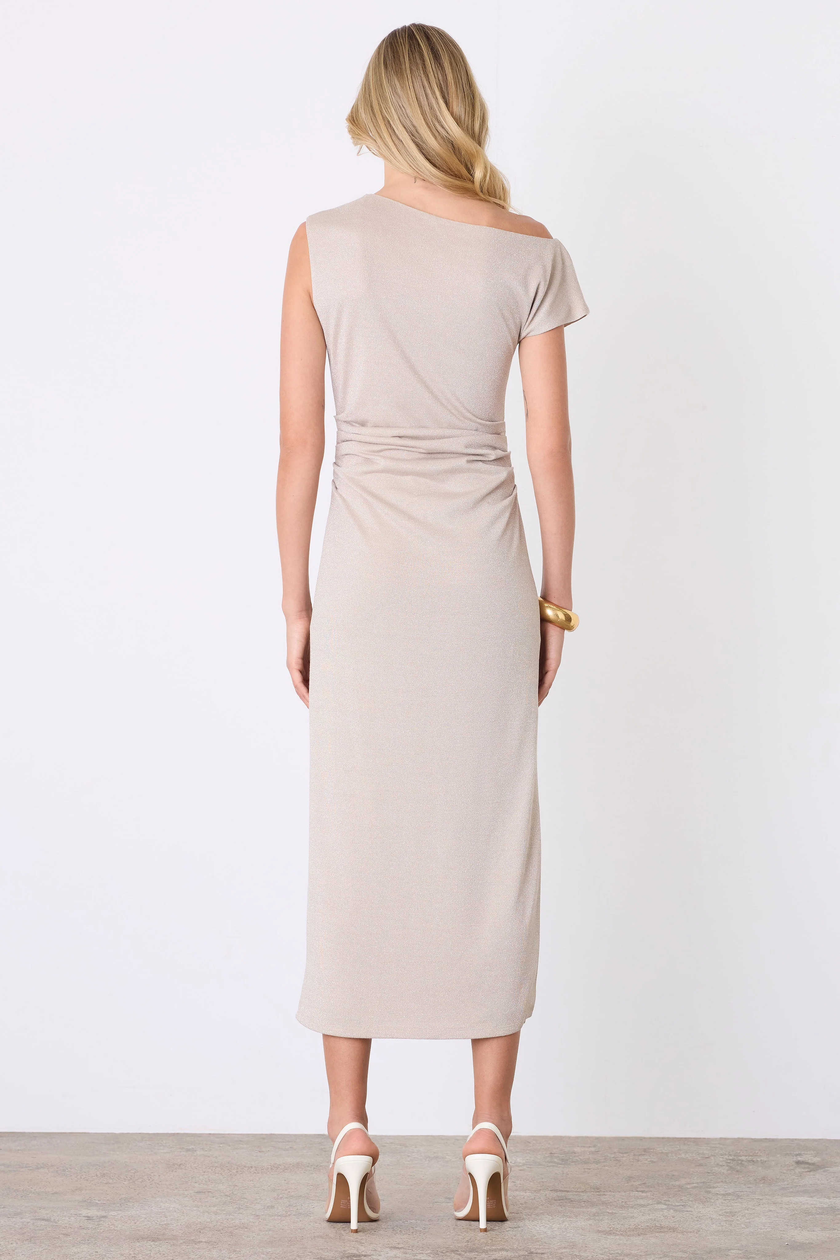 Lunar Gold Metallic Off Shoulder Midi Dress - Image 4