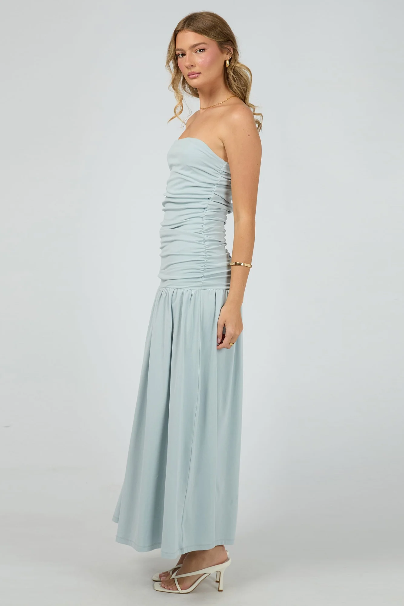 Luxe Blue Ruched Bodice Strapless Maxi Dress - Image 3