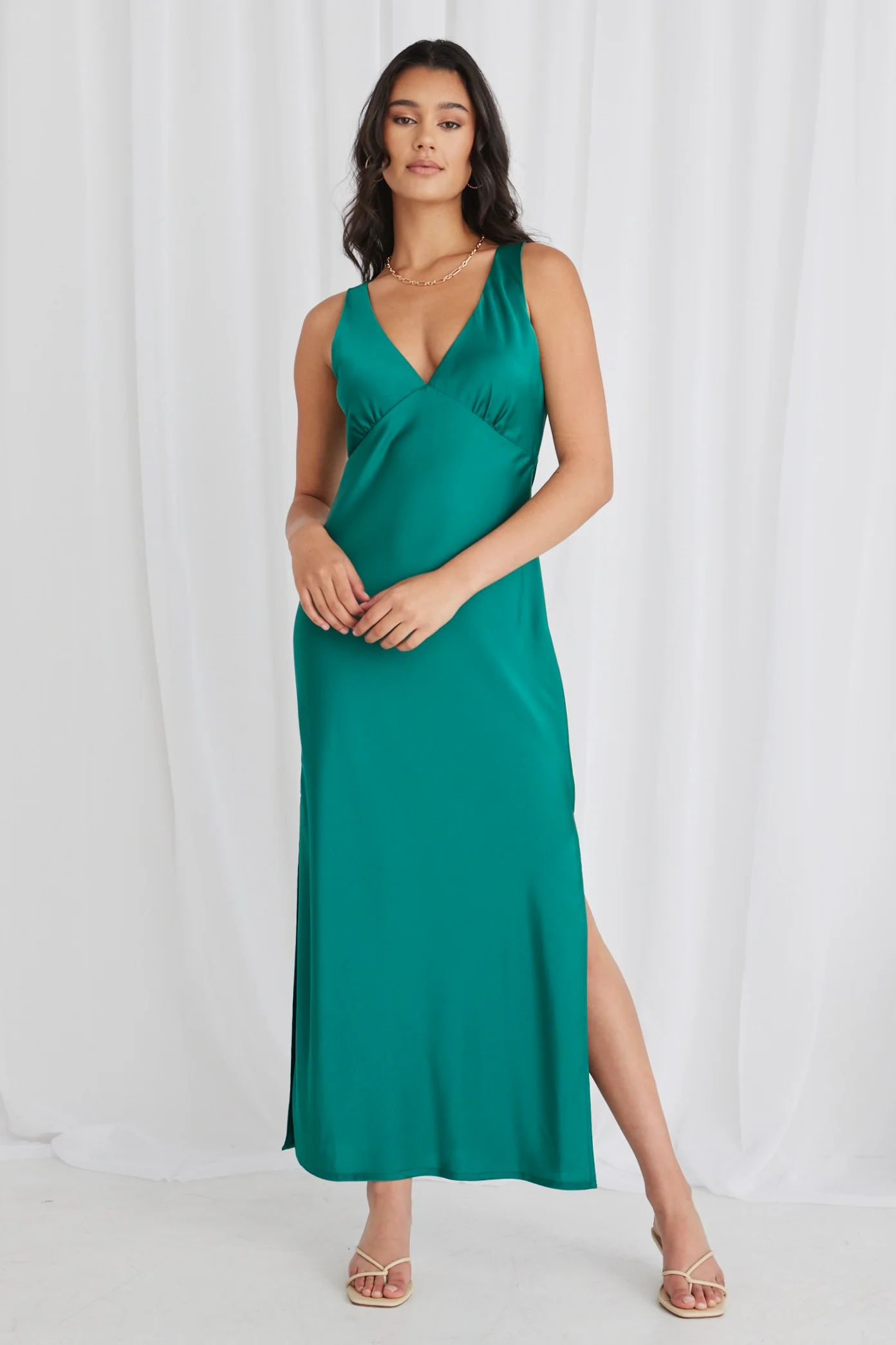 Mable Ocean Green Satin Sleeveless Empire Tie Back Maxi Dress - Image 3