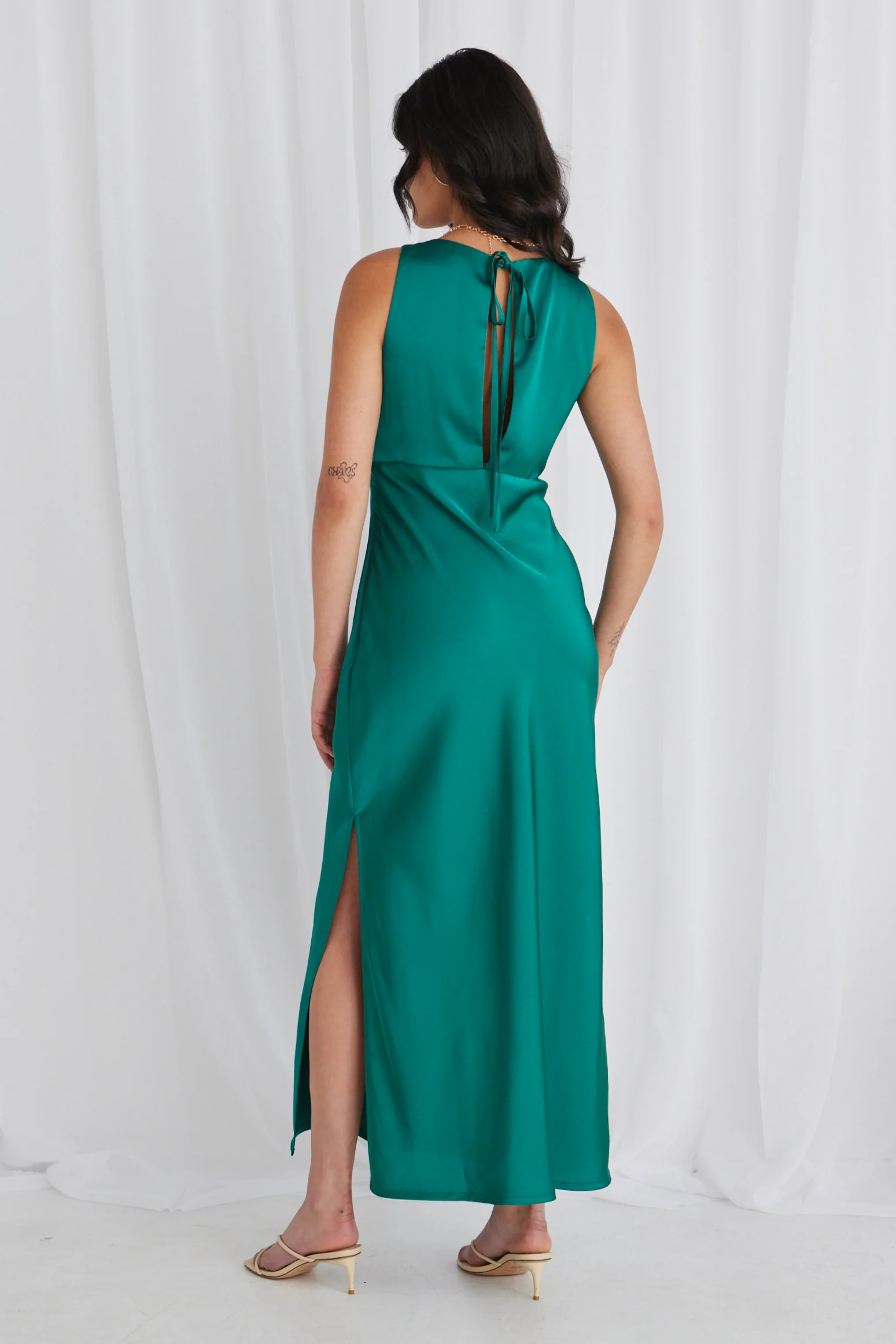 Mable Ocean Green Satin Sleeveless Empire Tie Back Maxi Dress - Image 6