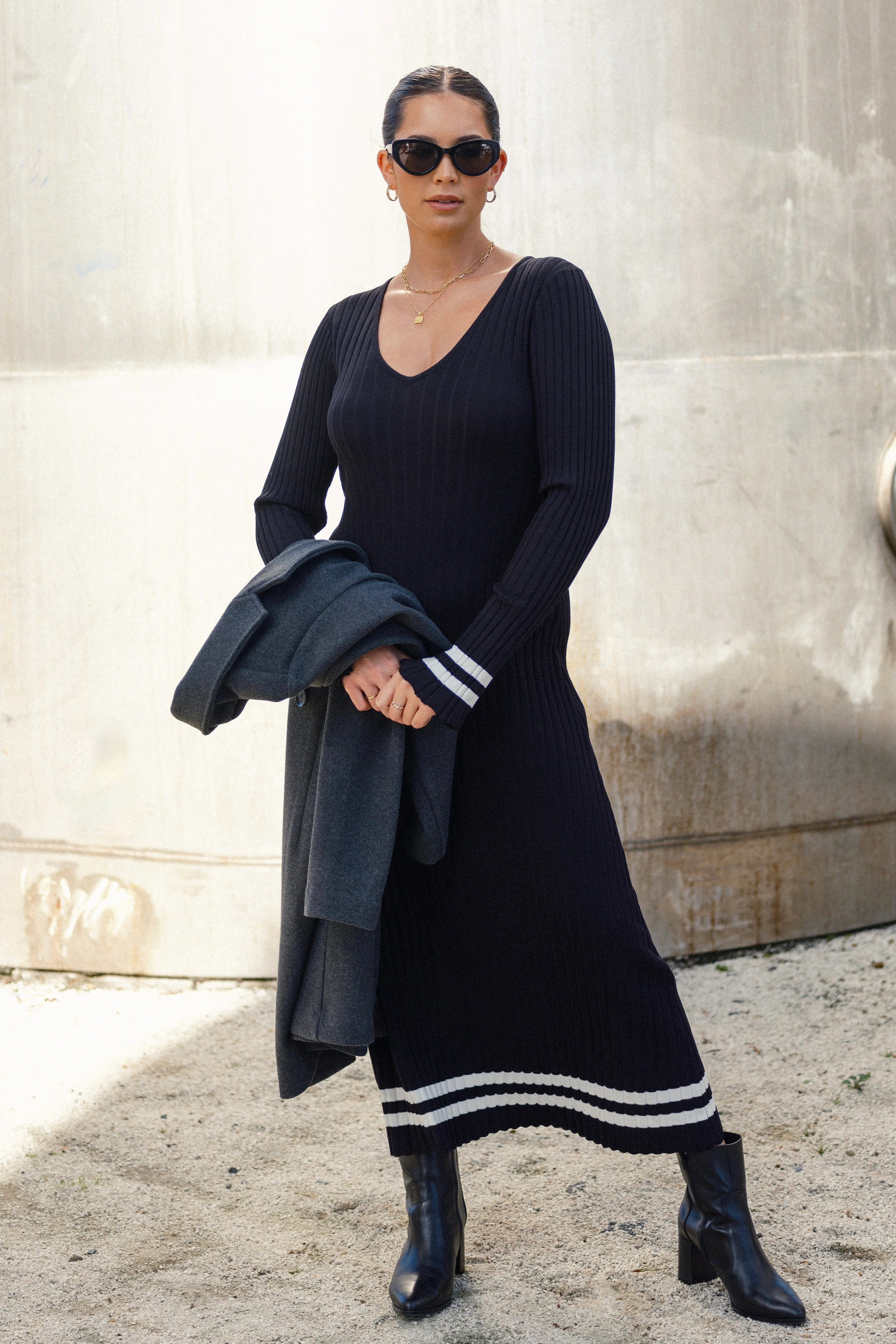 Main Black Stripe LS V Neck Maxi Knit Dress - Image 5