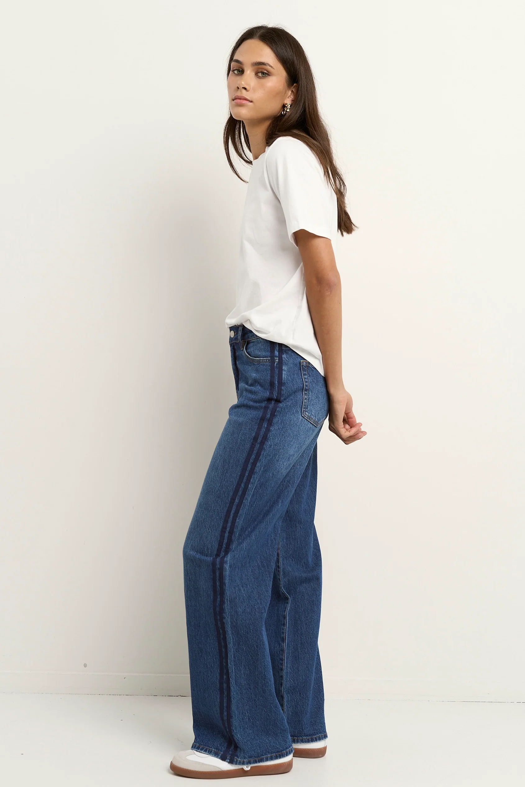 Manhattan Mid Blue Mid Rise Side Stripe Wide Leg Jean