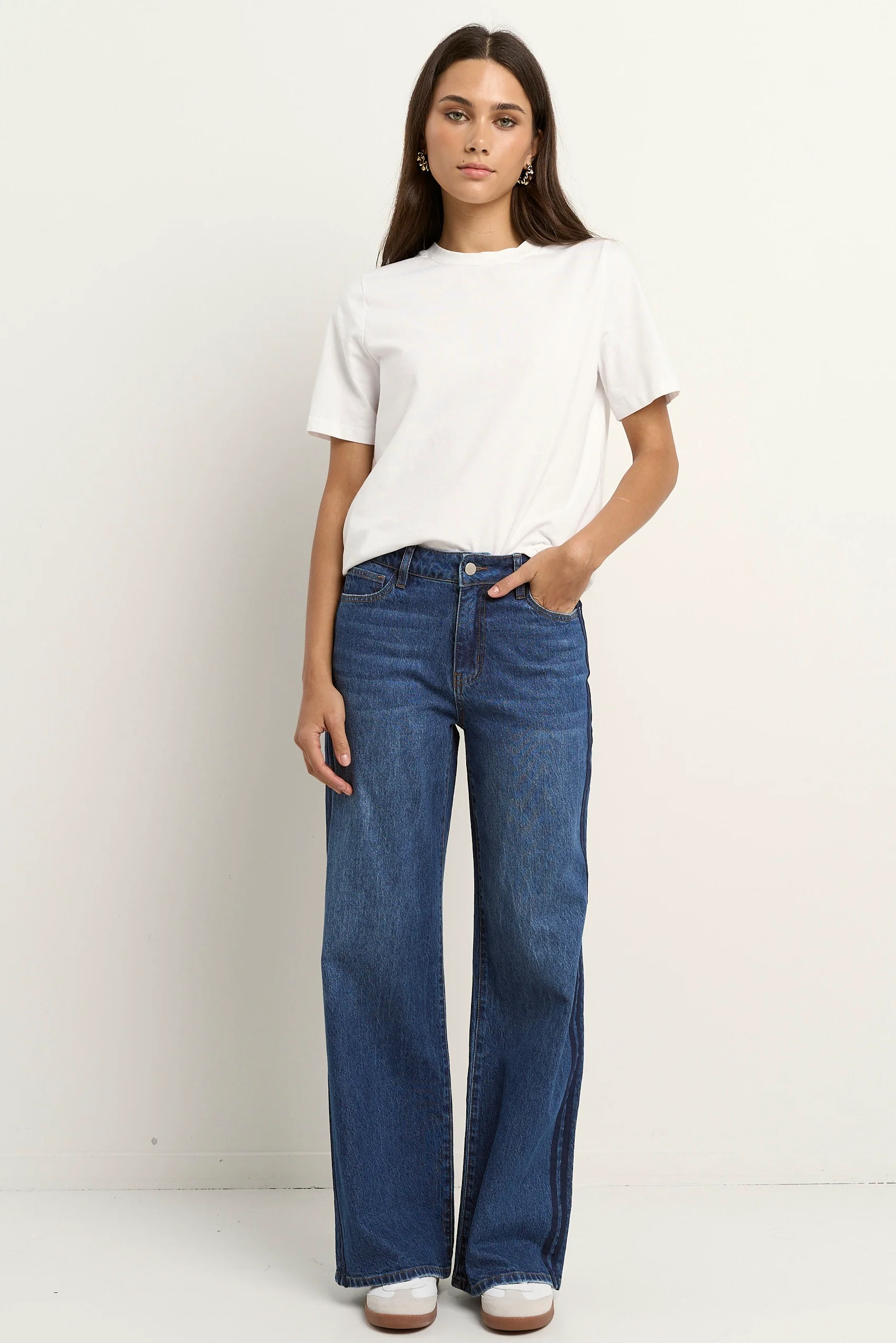 Manhattan Mid Blue Mid Rise Side Stripe Wide Leg Jean - Image 4