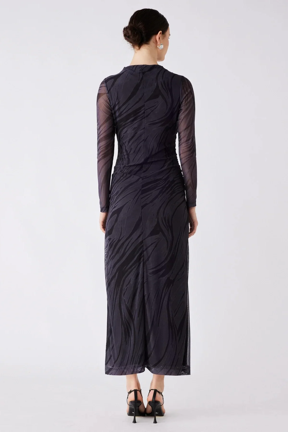 Marble Charcoal Print Mesh LS Midi Dress - Image 3