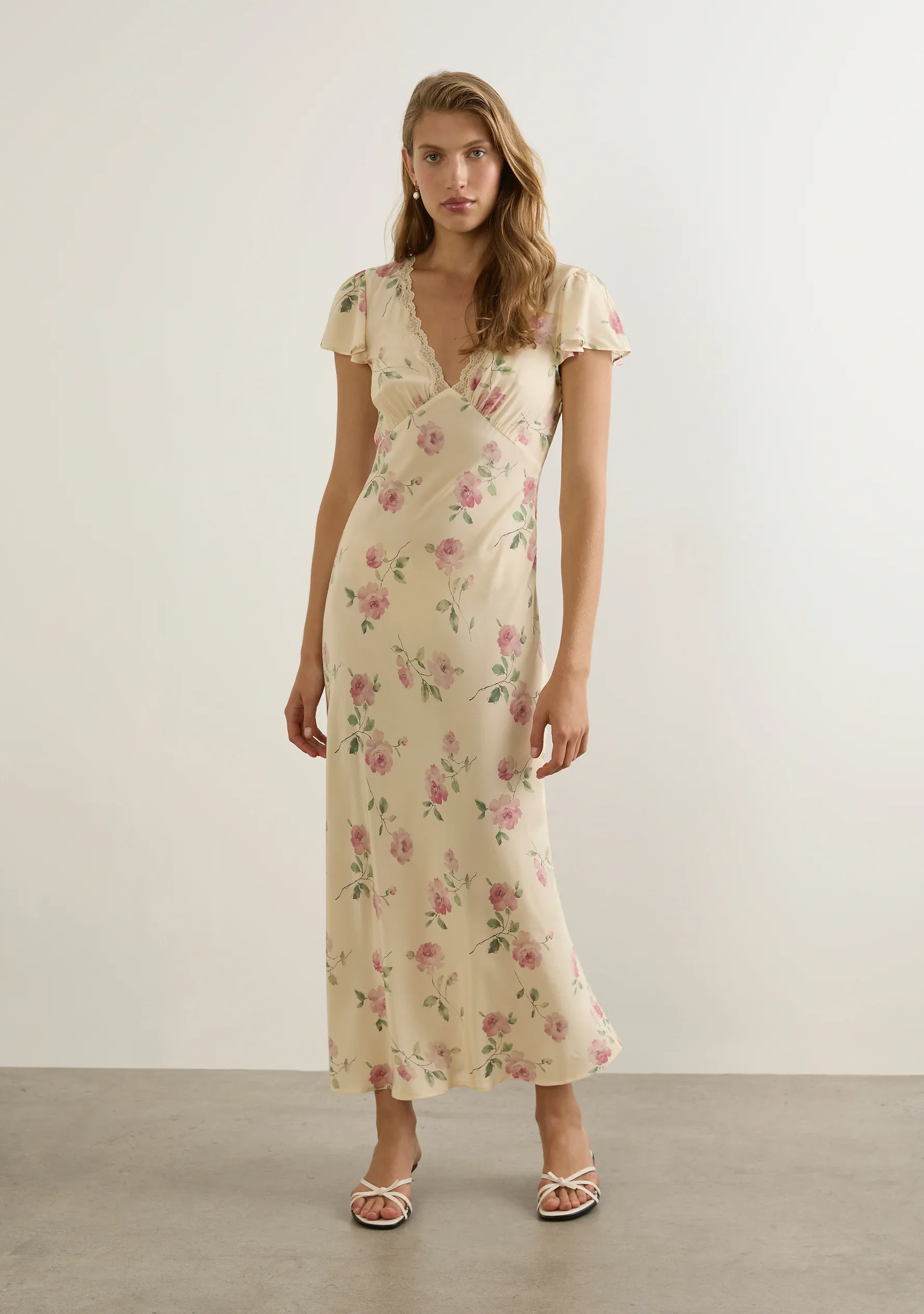 Marena Cream Floral Midi Lace V Neck Flutter Sleeve Midi Dress - Image 2