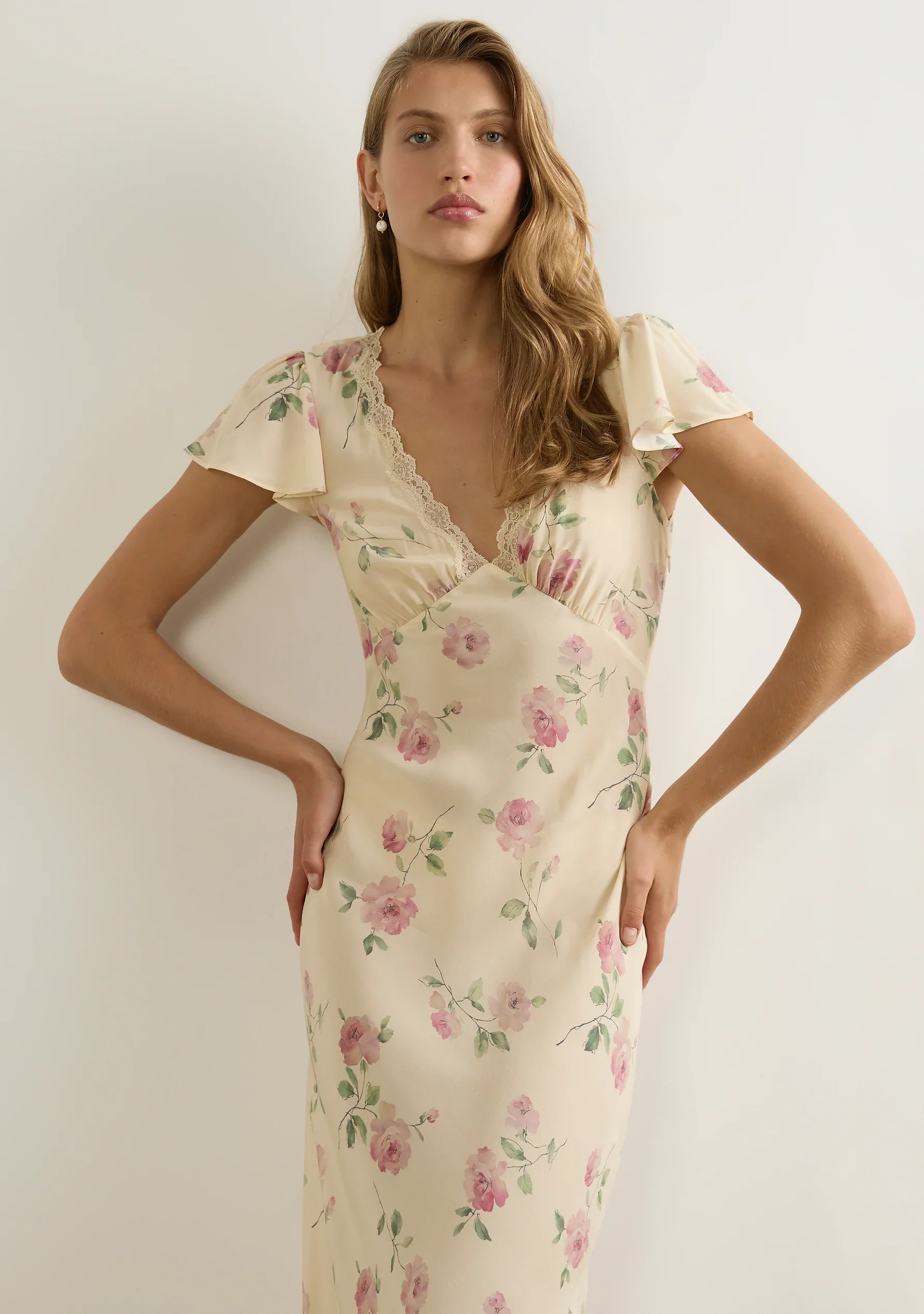 Marena Cream Floral Midi Lace V Neck Flutter Sleeve Midi Dress - Image 4