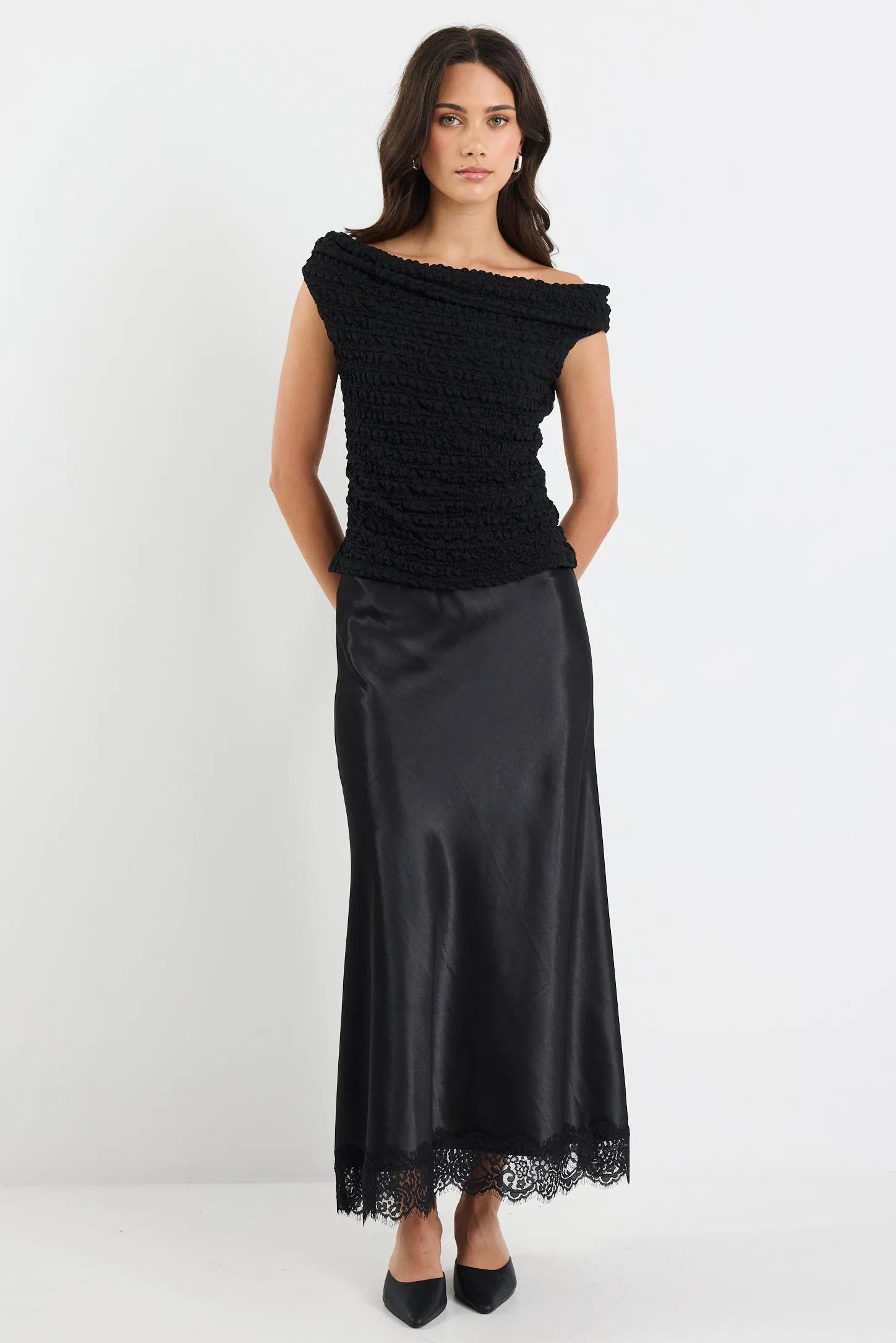 Margarita Black Satin Lace Trim Bias Maxi Skirt - Image 2