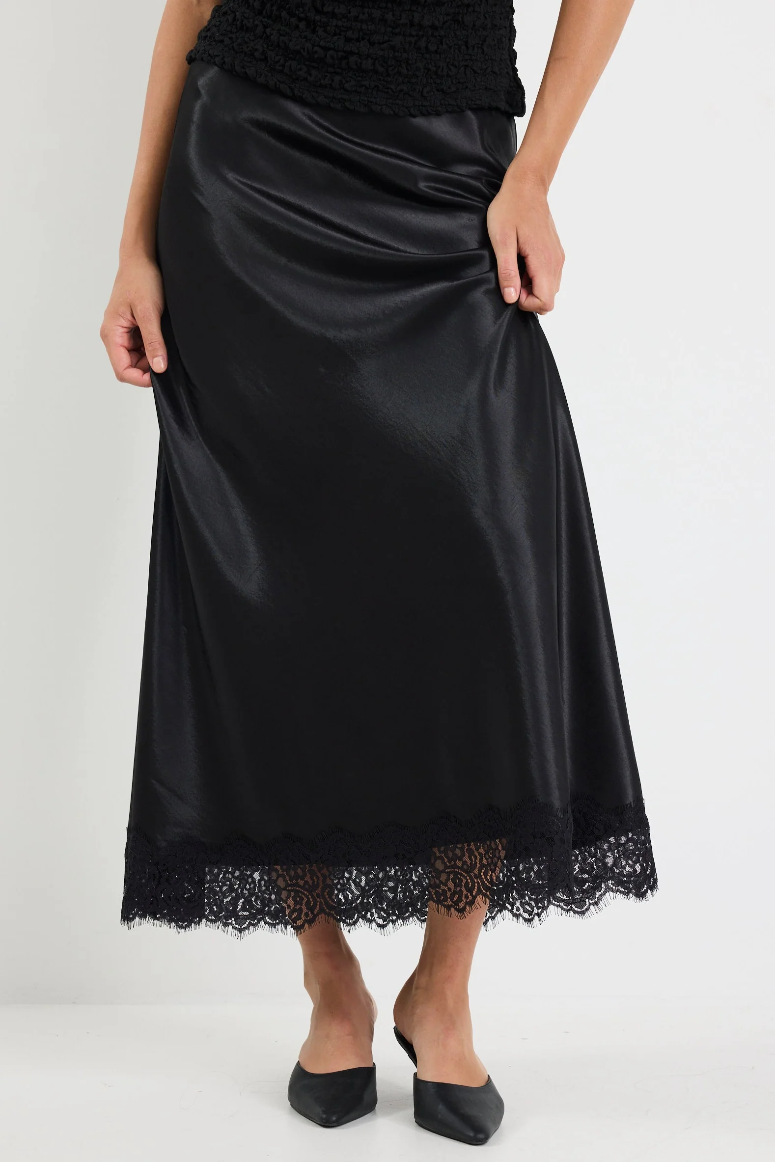 Margarita Black Satin Lace Trim Bias Maxi Skirt - Image 4