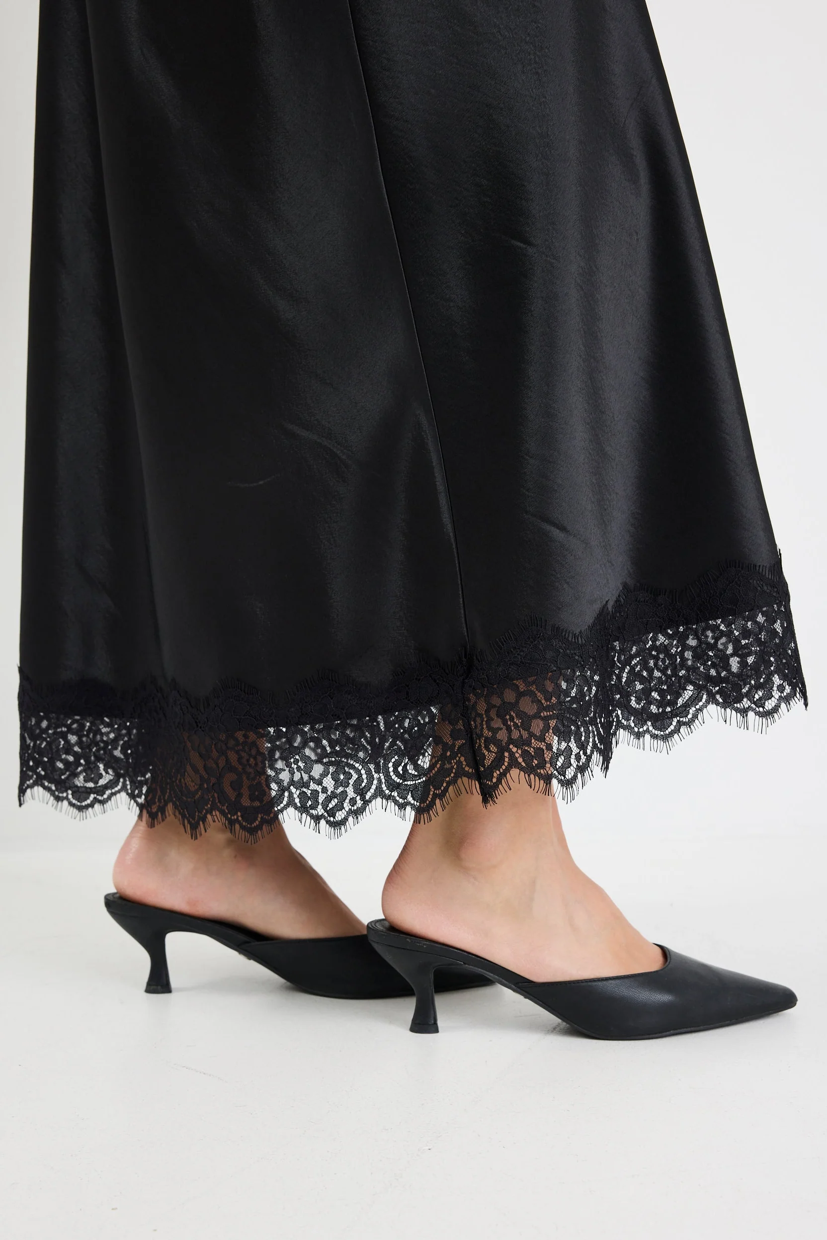 Margarita Black Satin Lace Trim Bias Maxi Skirt - Image 6