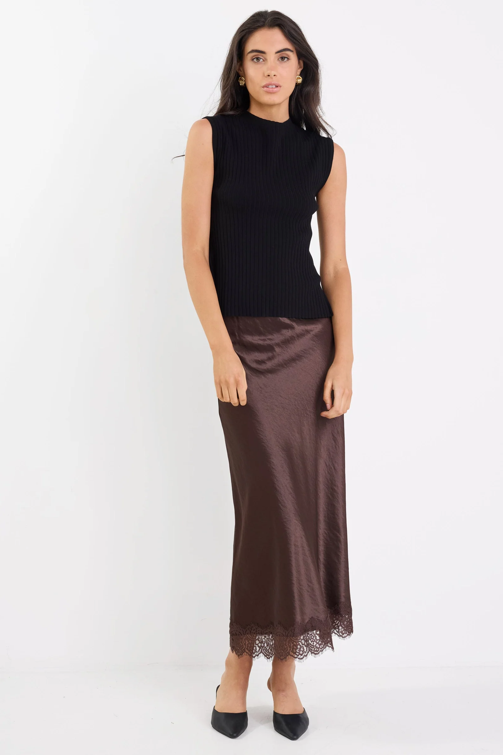 Margarita Chocolate Satin Lace Trim Bias Maxi Skirt - Image 2
