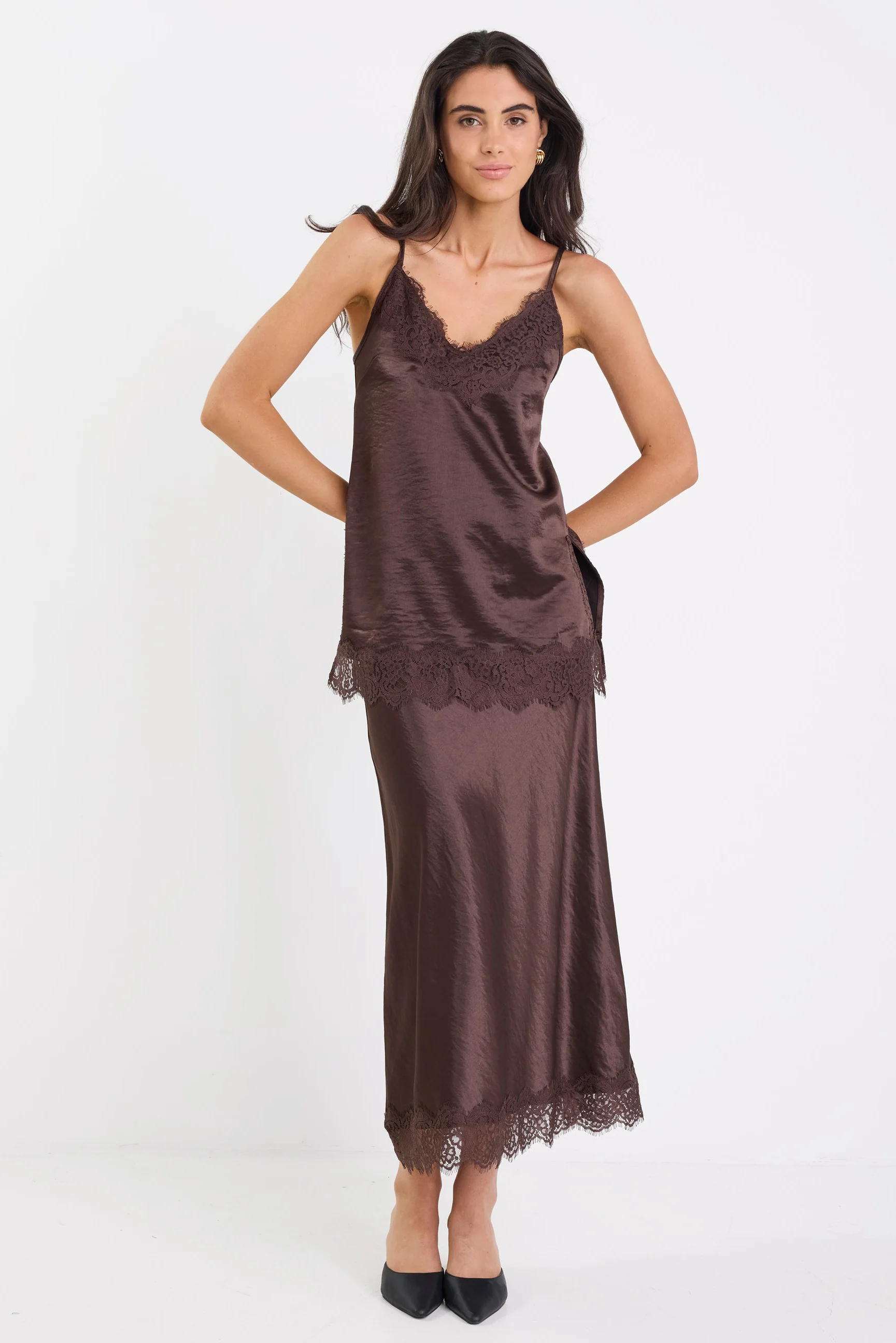 Margarita Chocolate Satin Lace Trim Bias Maxi Skirt - Image 3