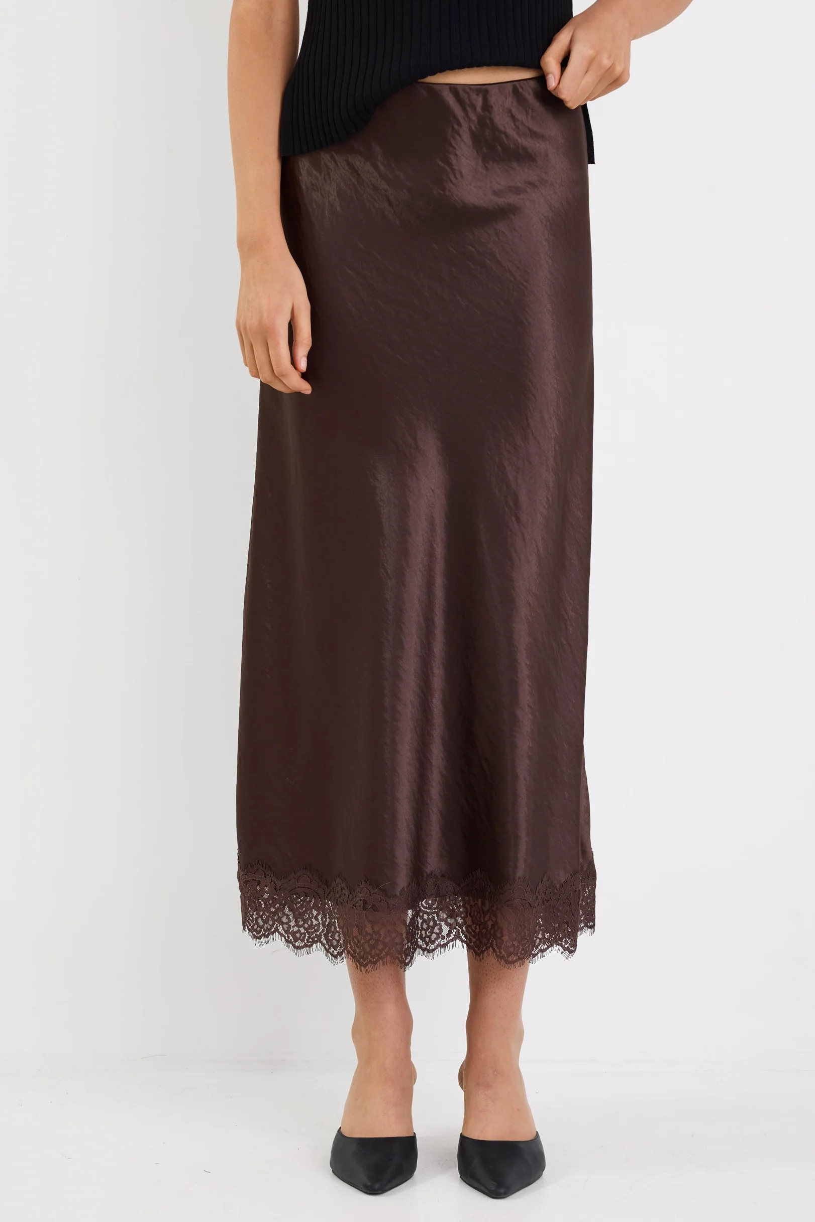 Margarita Chocolate Satin Lace Trim Bias Maxi Skirt - Image 4