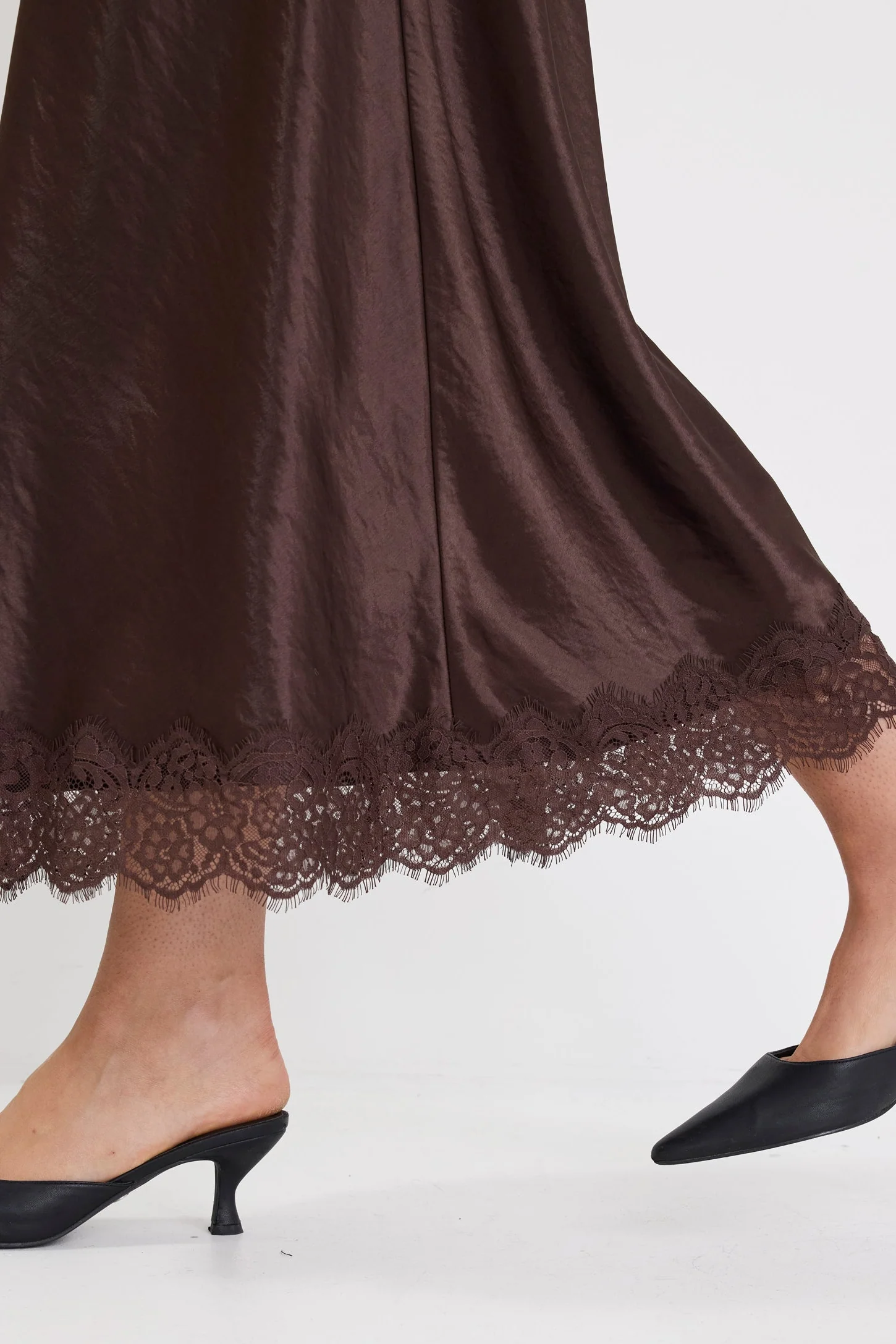 Margarita Chocolate Satin Lace Trim Bias Maxi Skirt - Image 5
