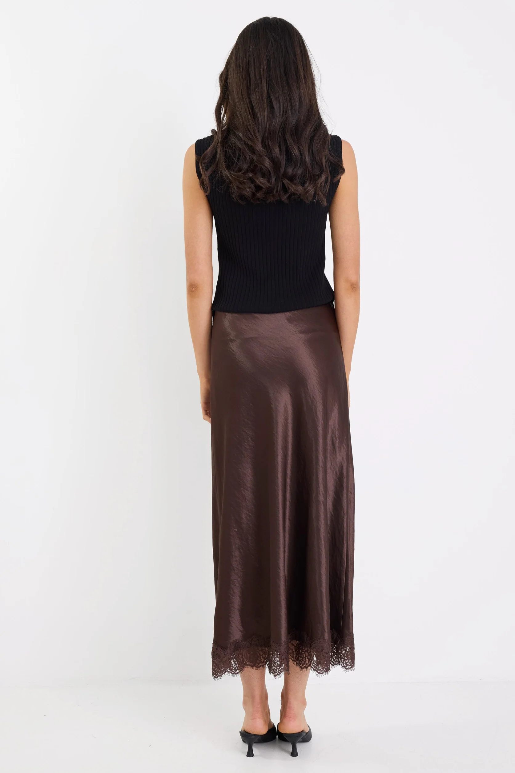 Margarita Chocolate Satin Lace Trim Bias Maxi Skirt - Image 6