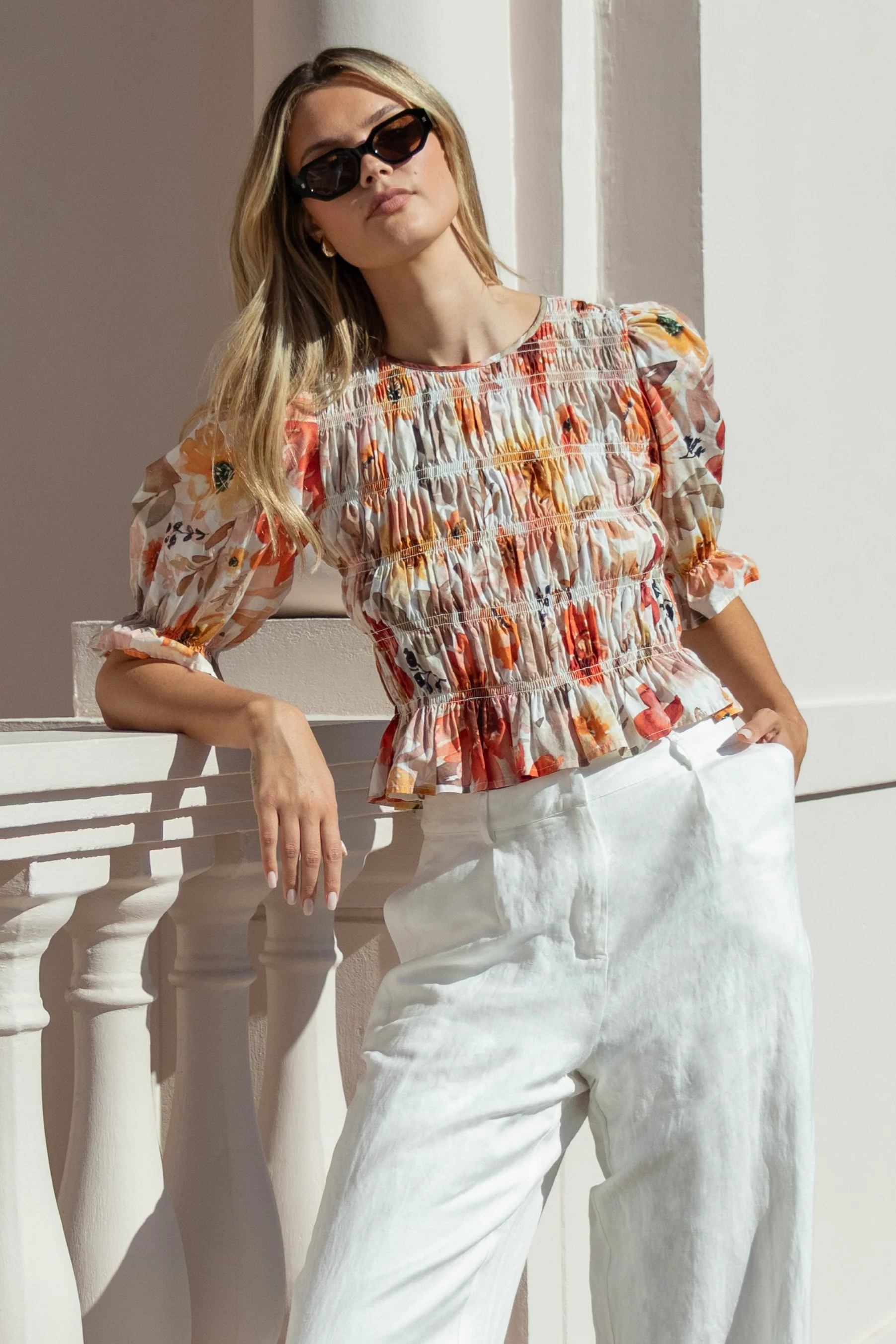Melodic Sunrise Meadow Shirred Body Short Sleeve Top