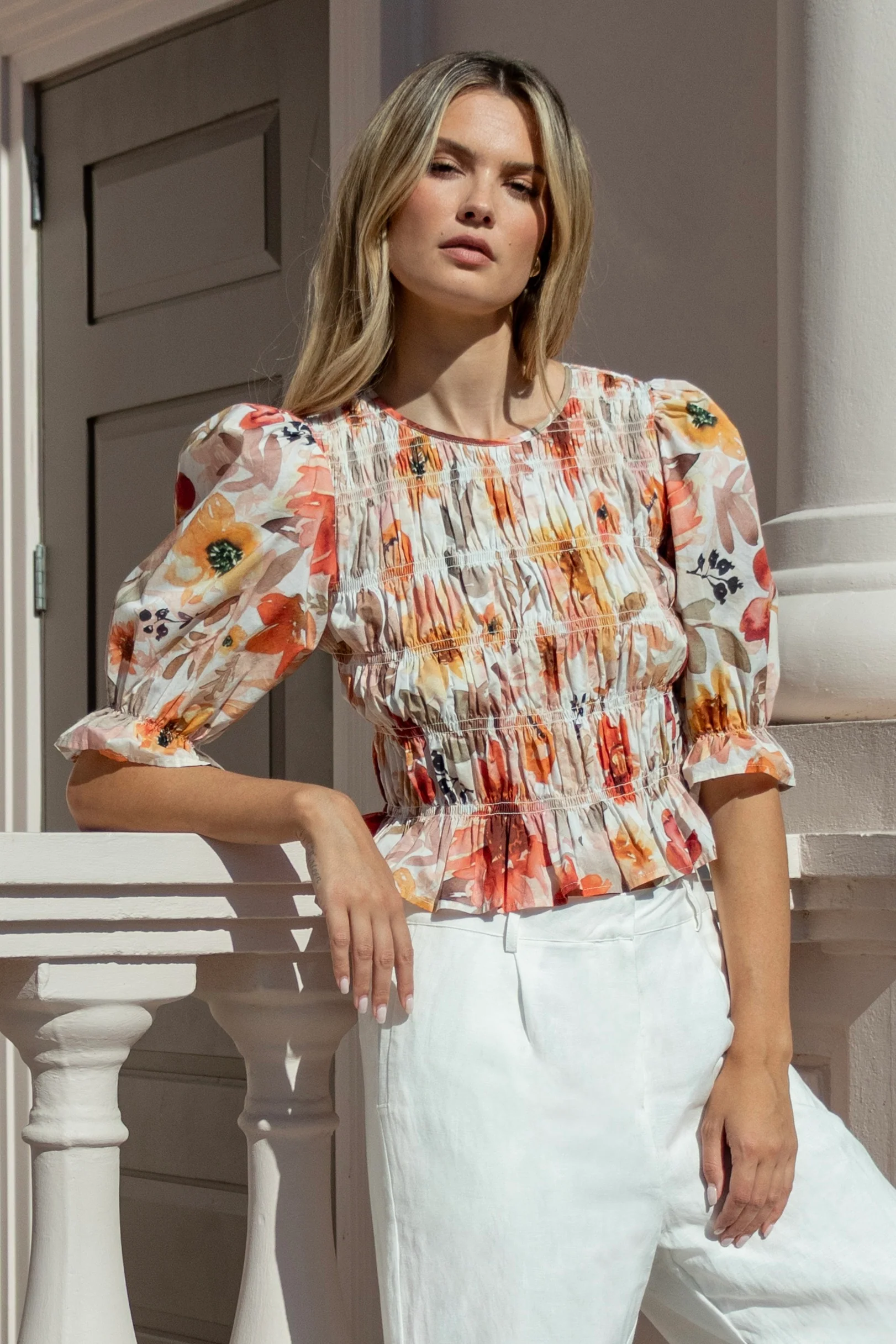 Melodic Sunrise Meadow Shirred Body Short Sleeve Top - Image 2