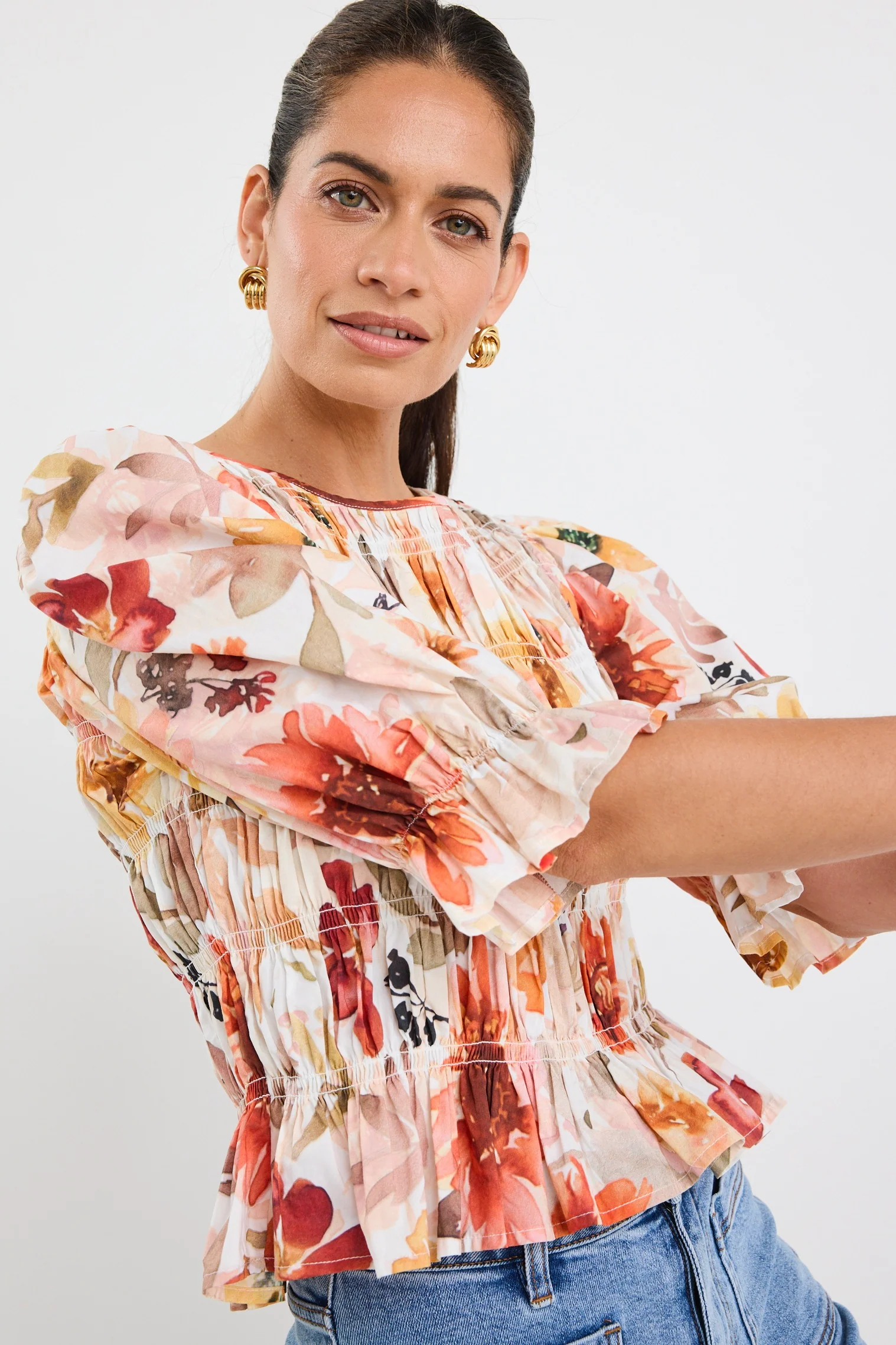 Melodic Sunrise Meadow Shirred Body Short Sleeve Top - Image 3