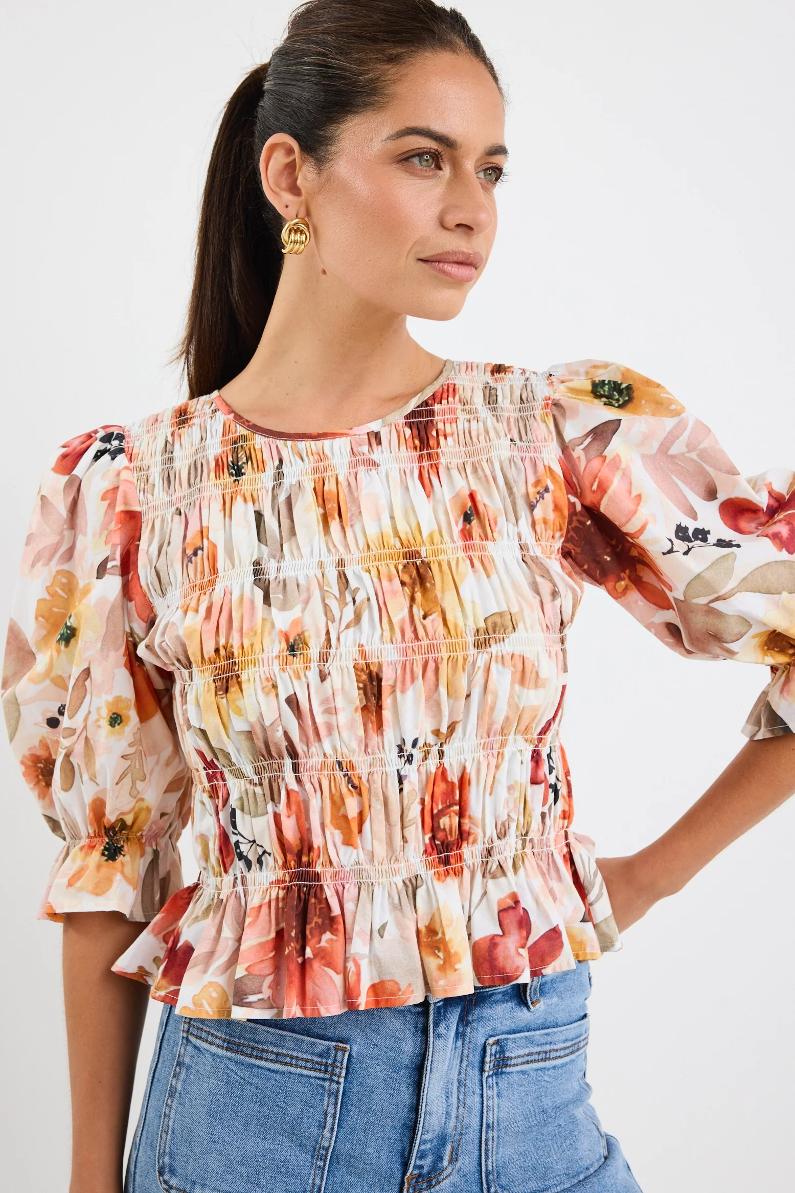 Melodic Sunrise Meadow Shirred Body Short Sleeve Top - Image 4