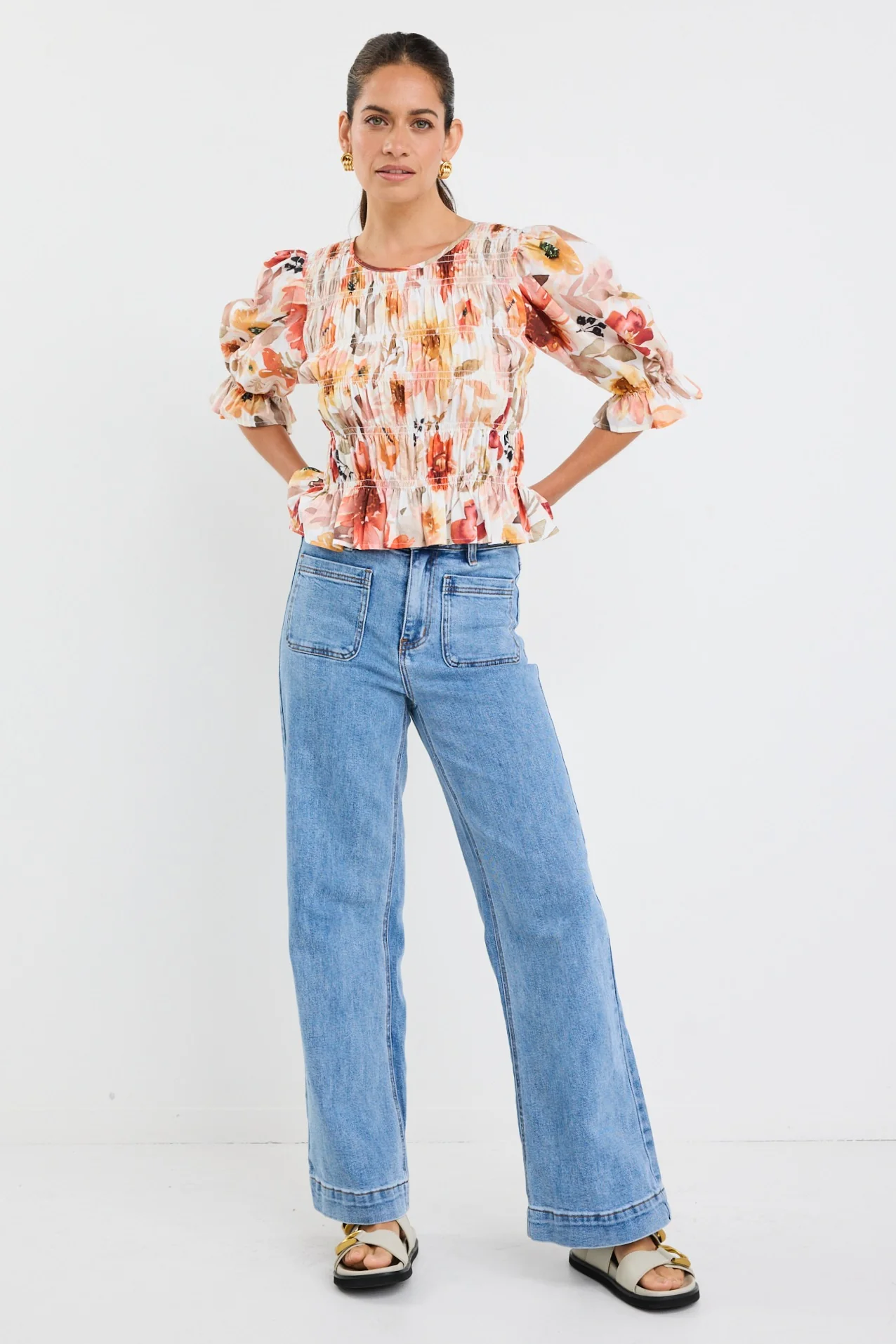 Melodic Sunrise Meadow Shirred Body Short Sleeve Top - Image 5